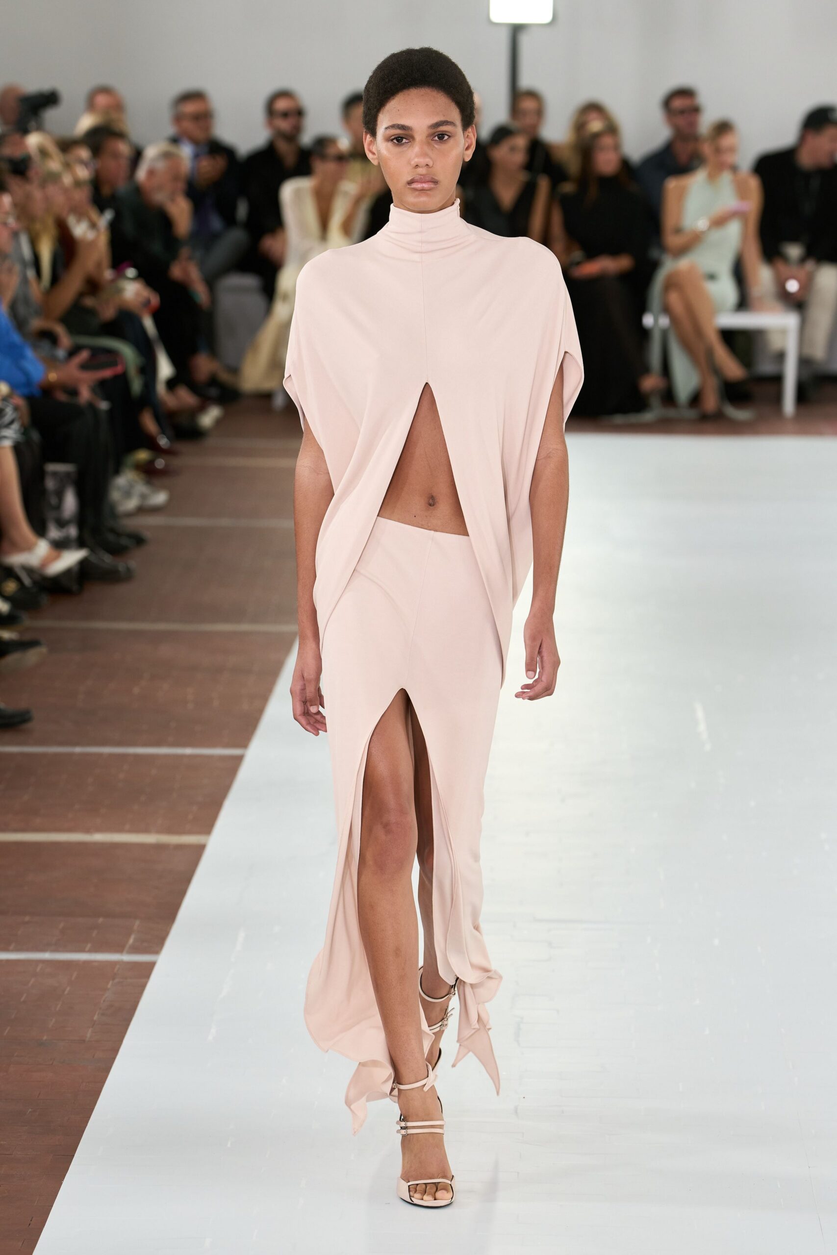 blush draped high-neck cape gown