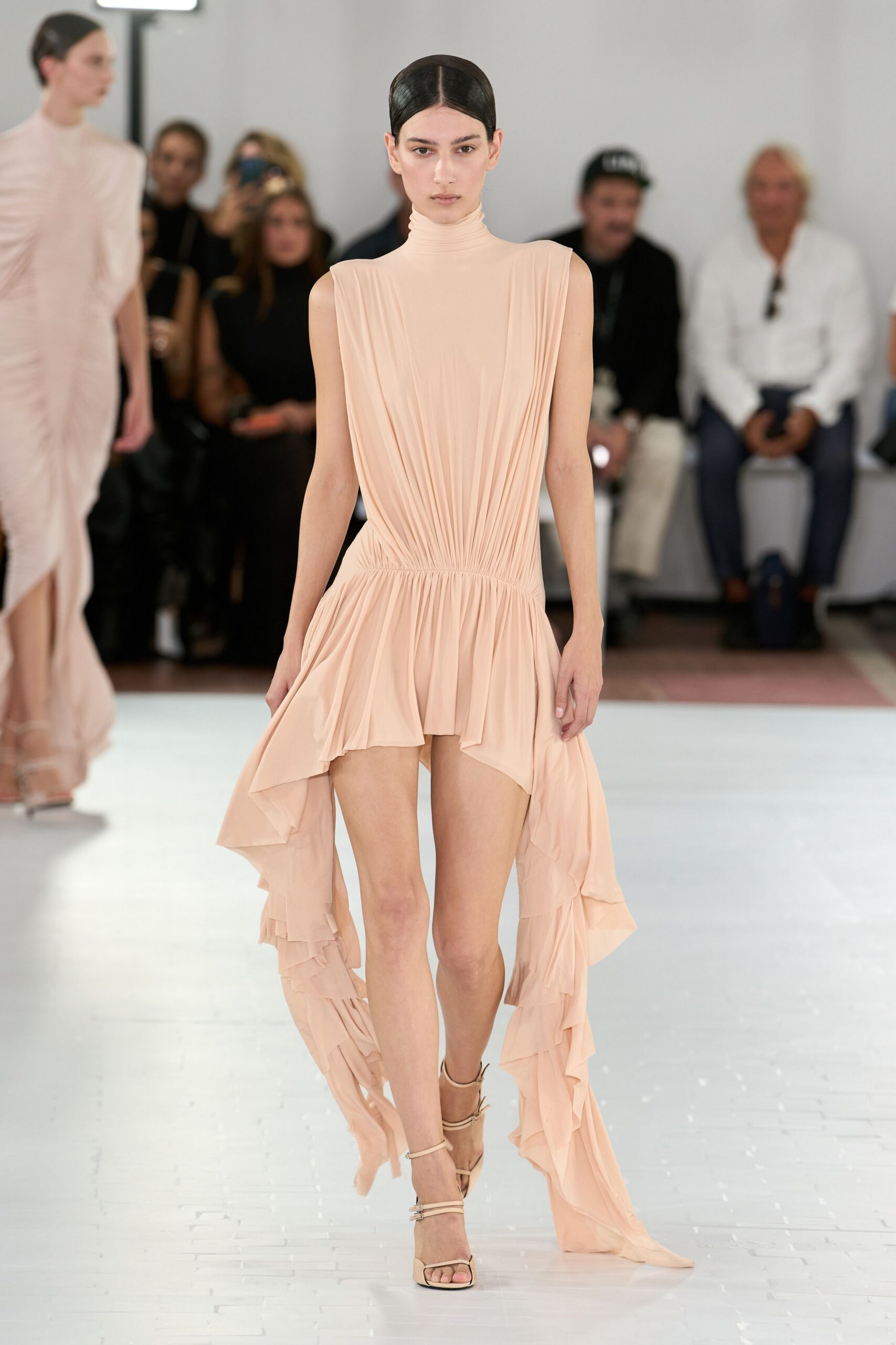 pleated high-low chiffon mini dress