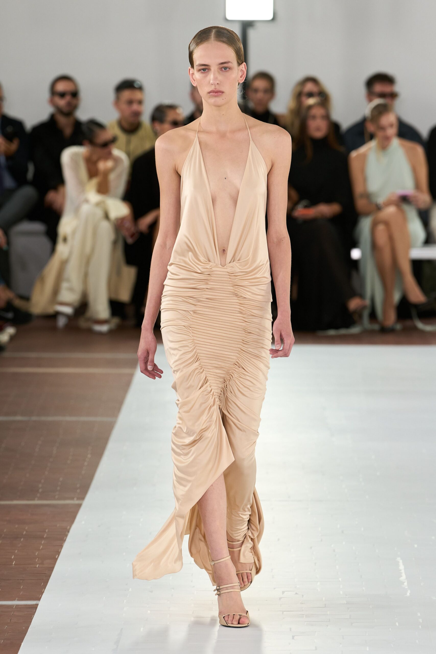 plunging ruched halter evening gown