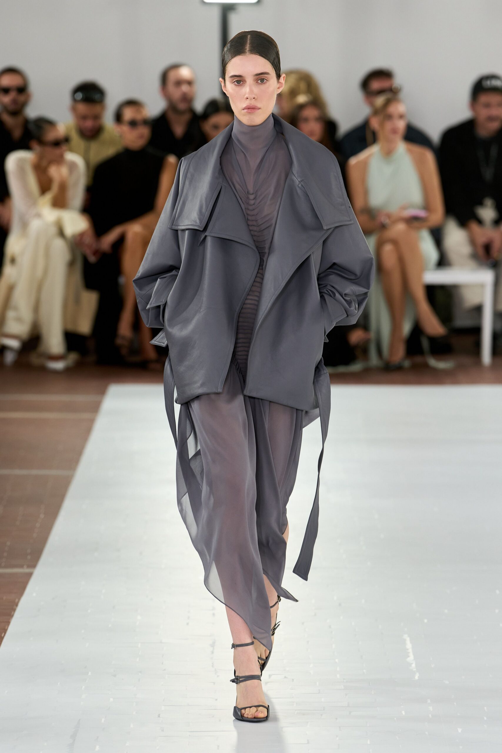 sheer ruched turtleneck maxi dress