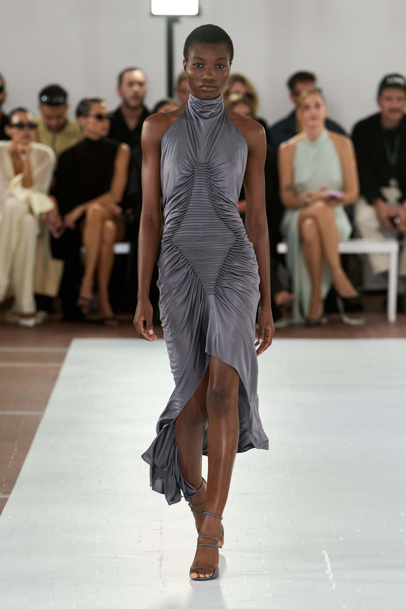 ruched halter draped midi dress