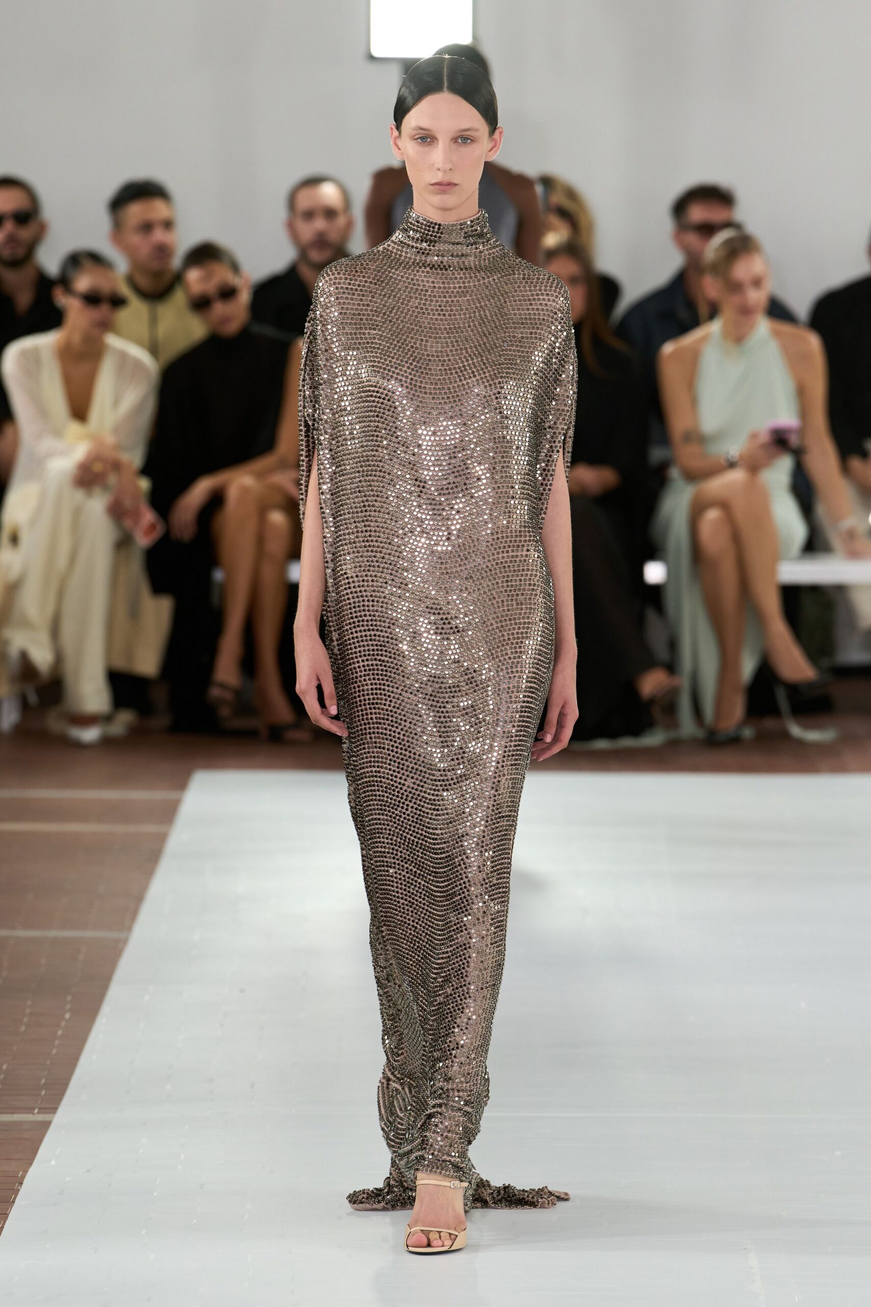 high-neck sequined column gown