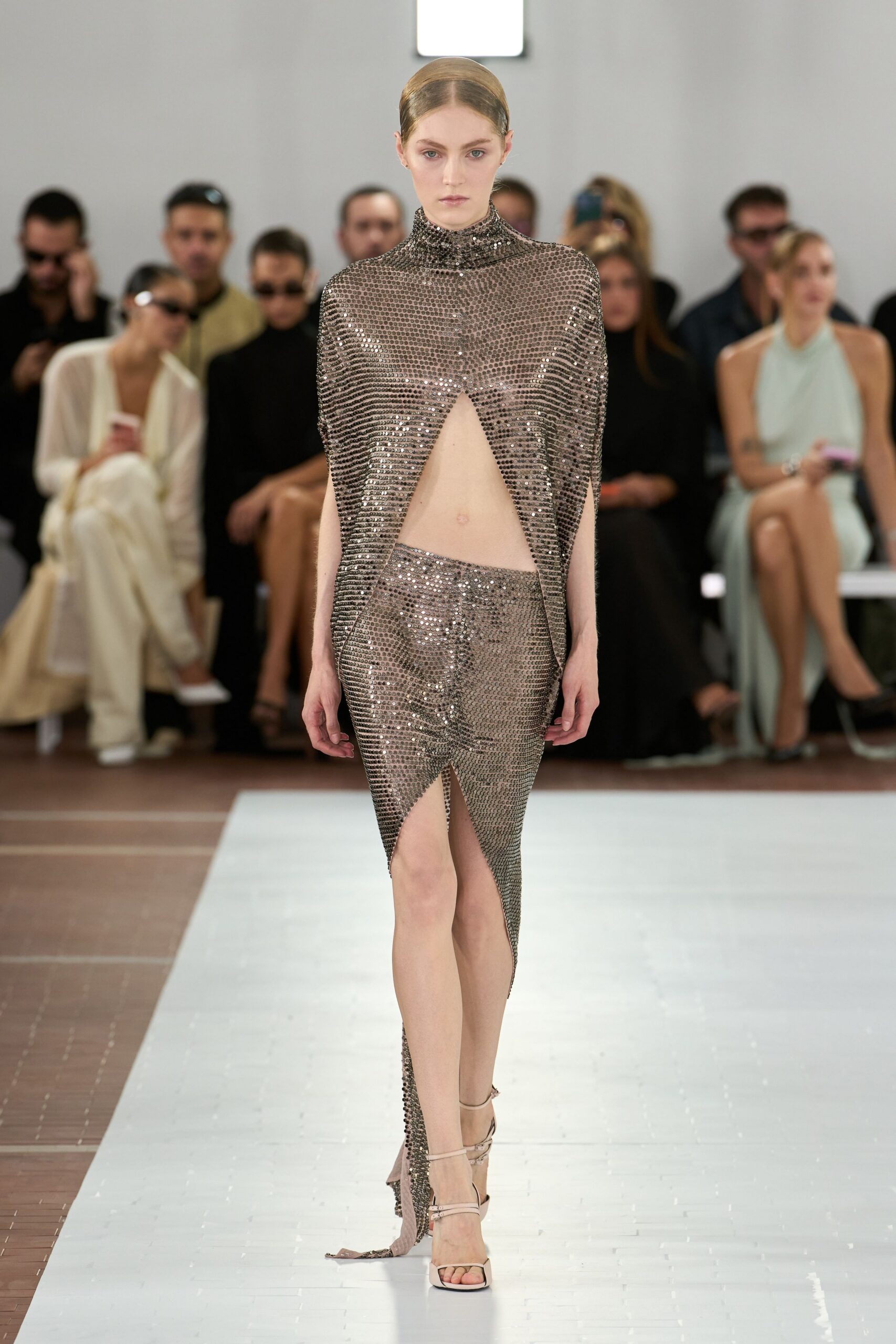 sequined draped turtleneck top