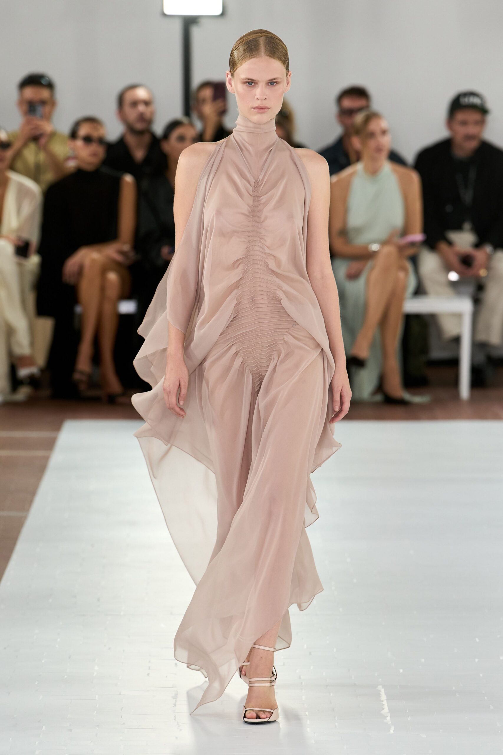 sheer ruched halter gown