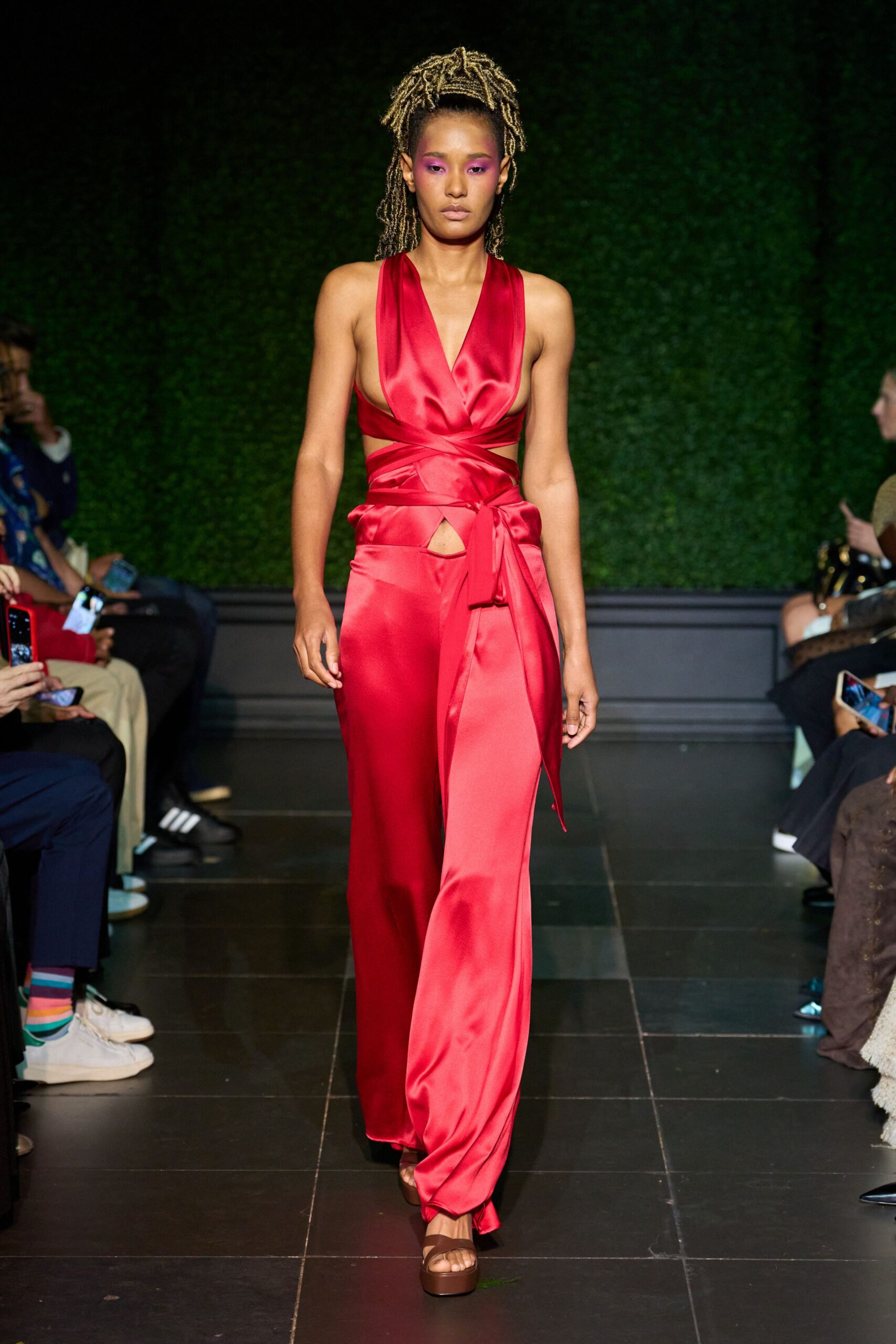 red satin cutout halter jumpsuit