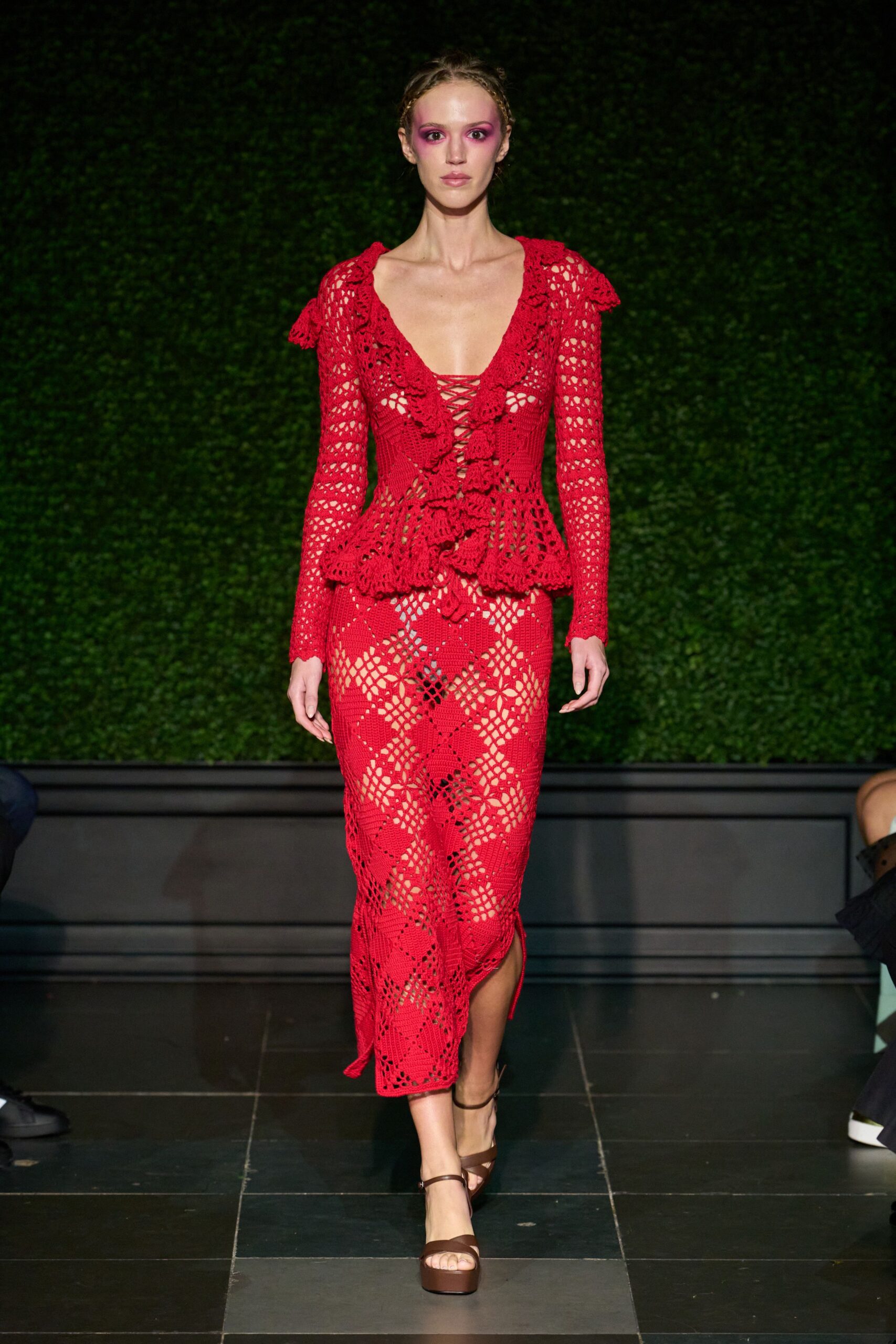 red crochet lace-up maxi dress
