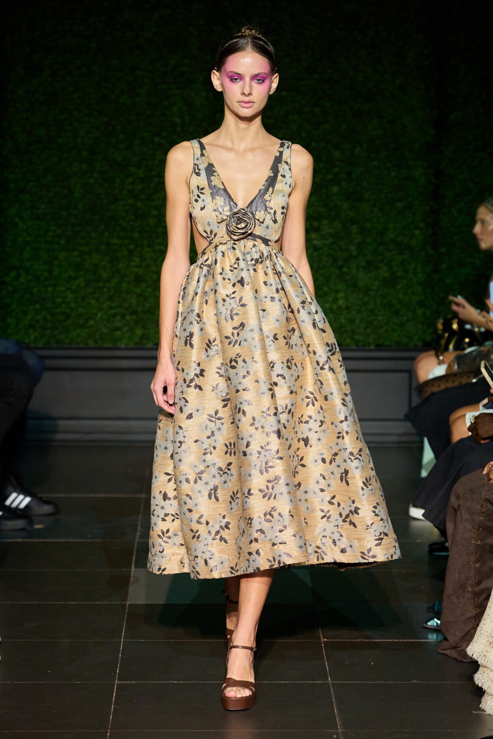 floral jacquard rosette midi dress