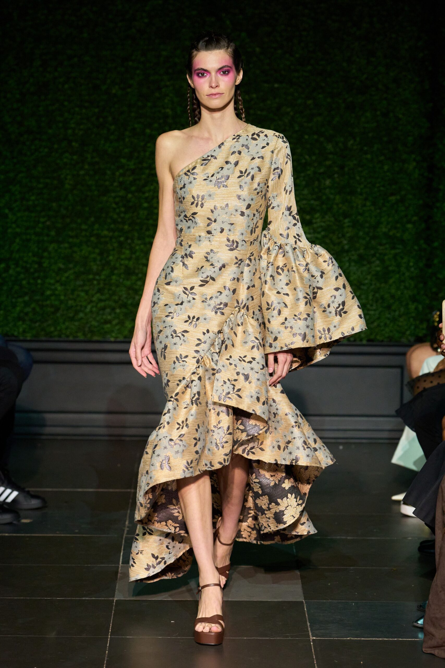 one-shoulder floral brocade evening gown