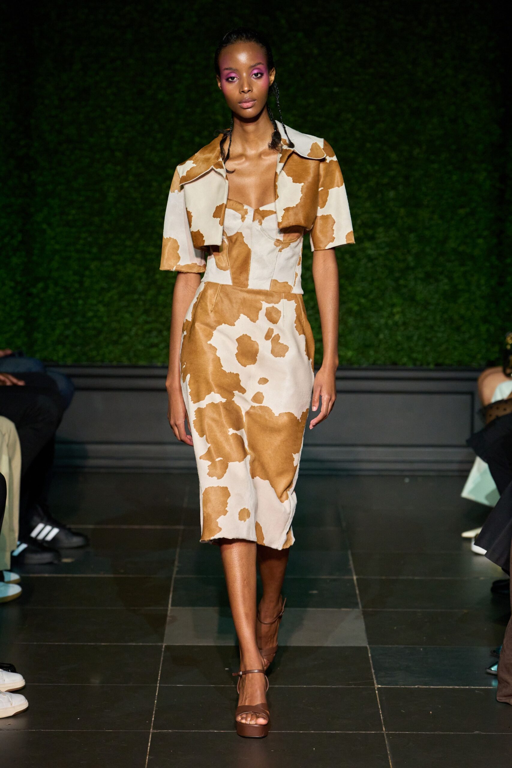 cow-print fitted midi dress