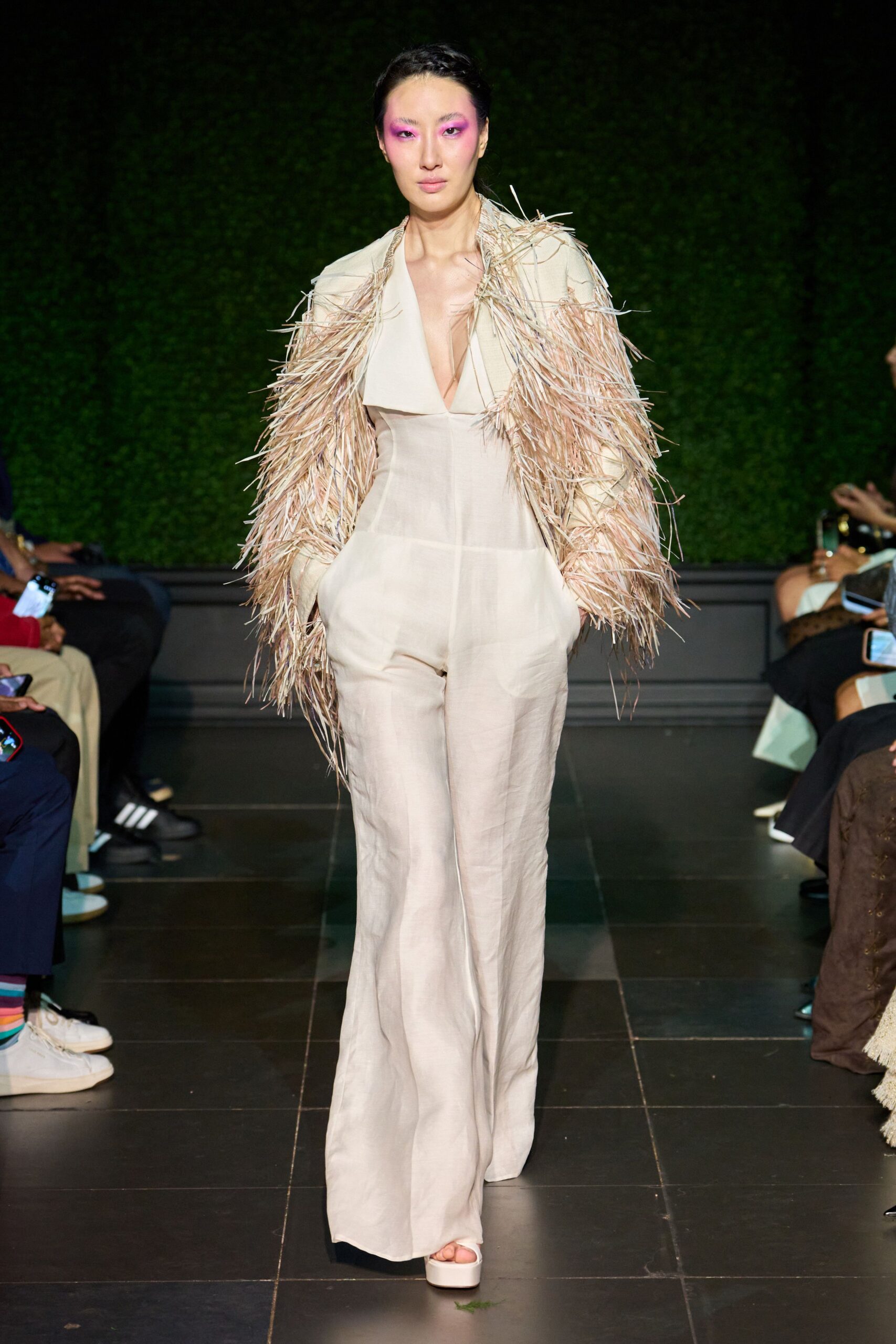 feather-sleeve ivory jumpsuit