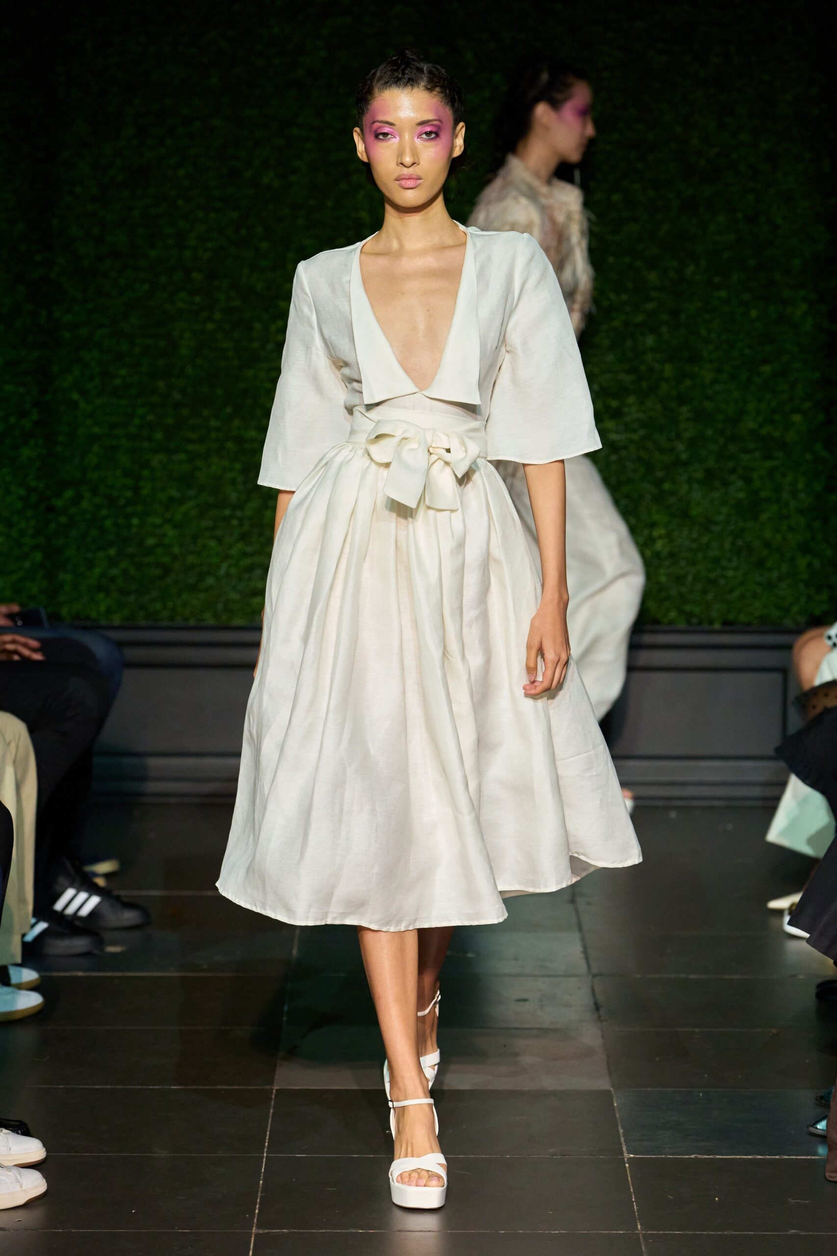 ivory plunge bow-waist midi dress