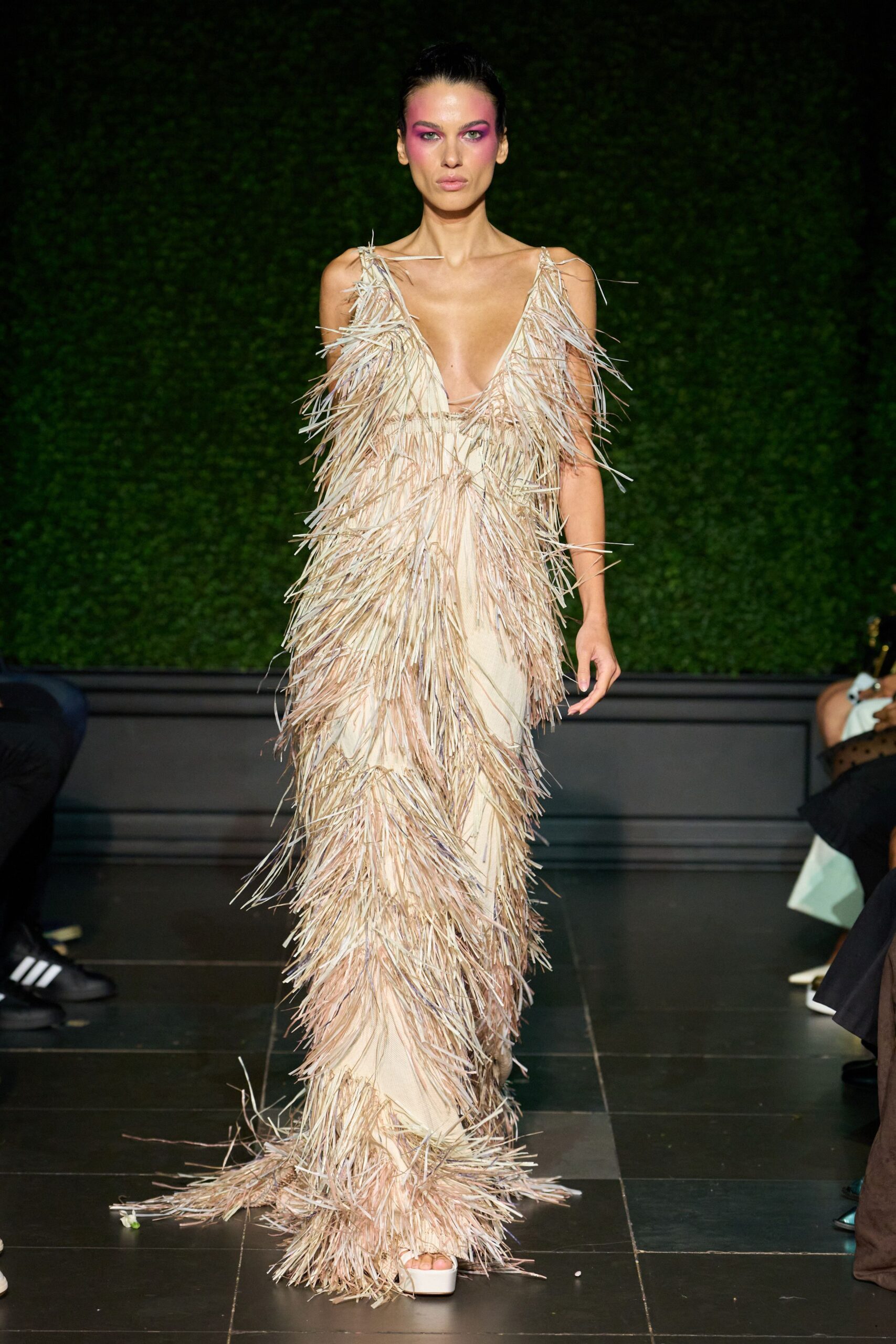 feather-fringe ivory evening gown