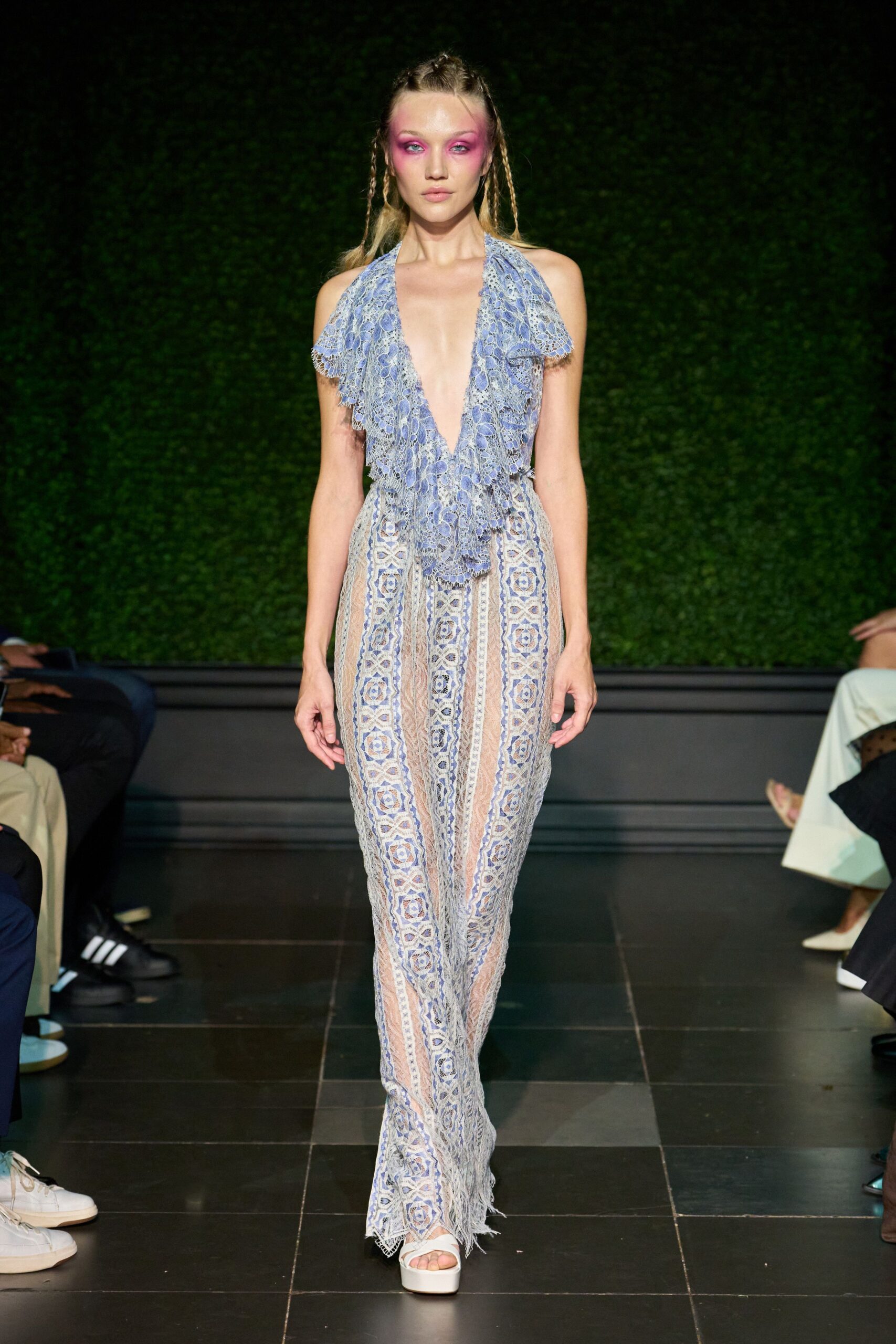 sheer geometric lace halter gown