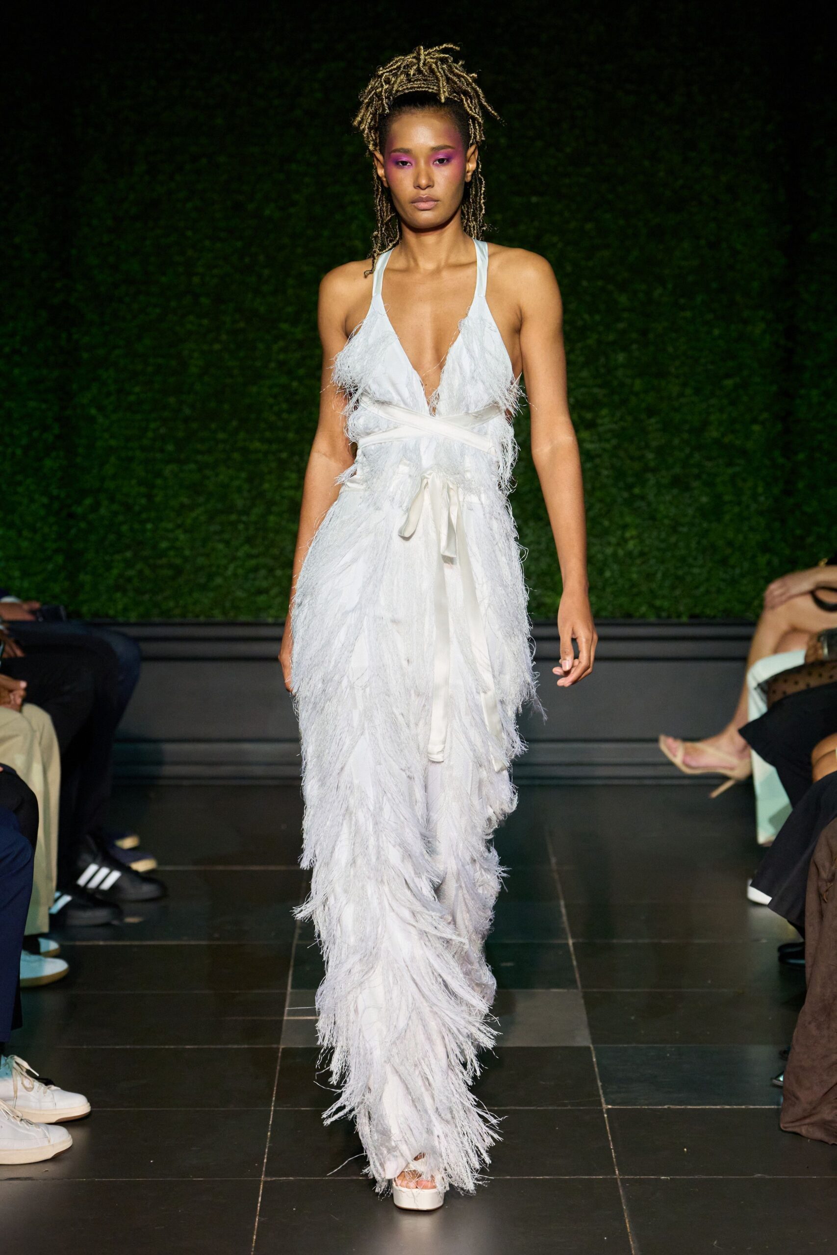 feathered halter jumpsuit