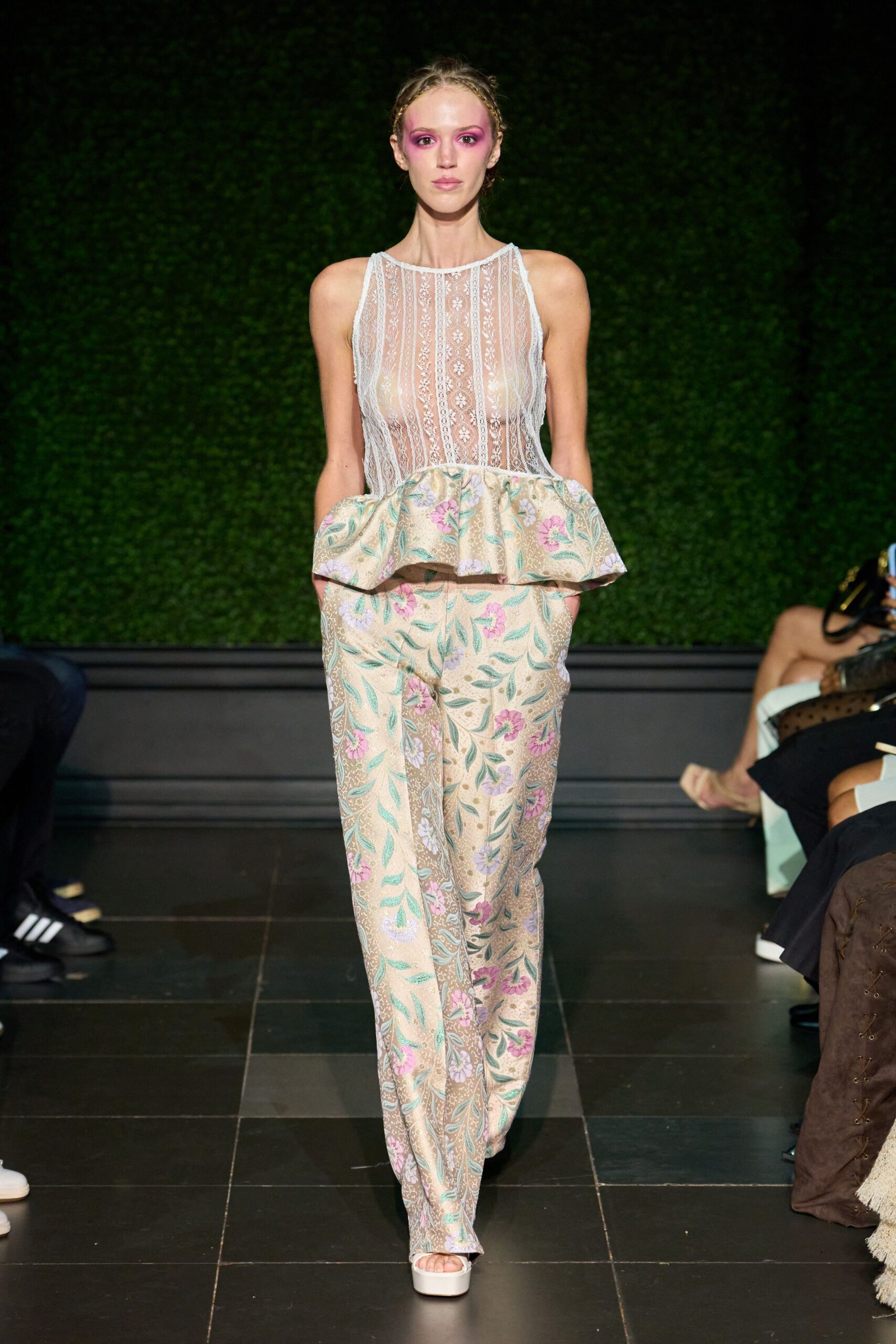 sheer lace bodice floral brocade trousers