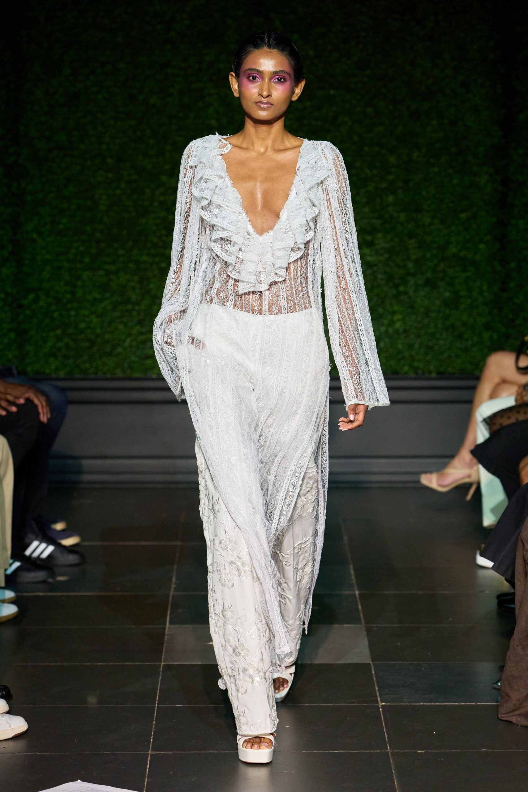 sheer ruffled lace jumpsuit
