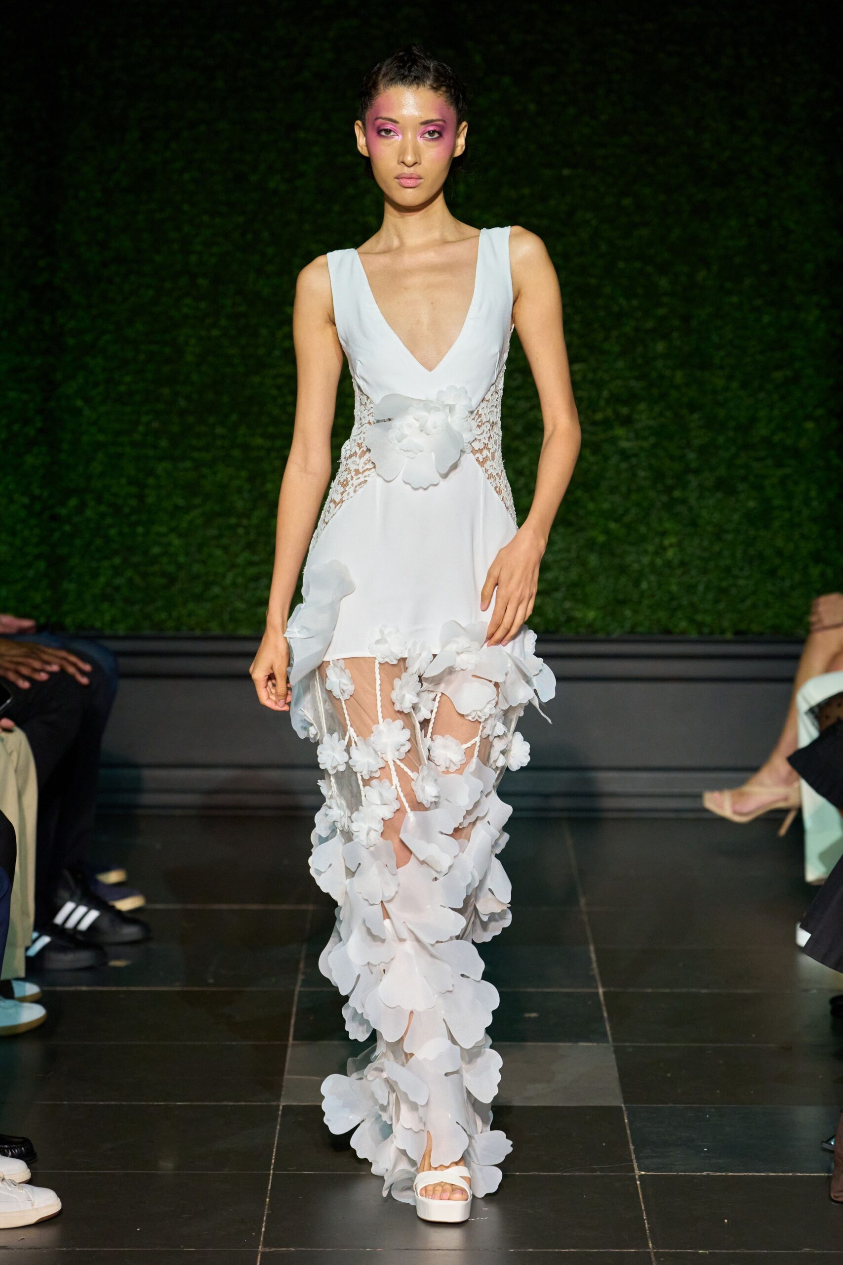 white 3D floral appliqué gown