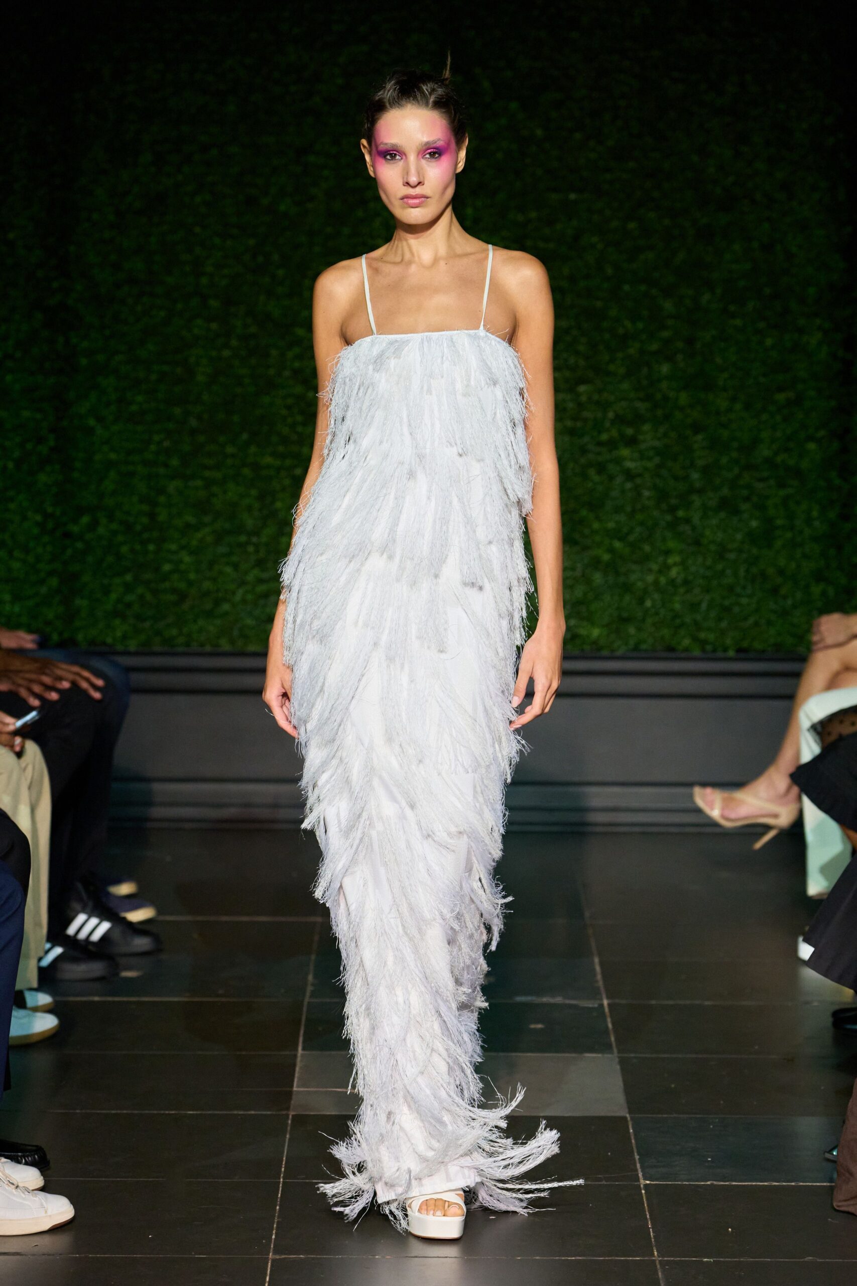 white feathered spaghetti-strap gown