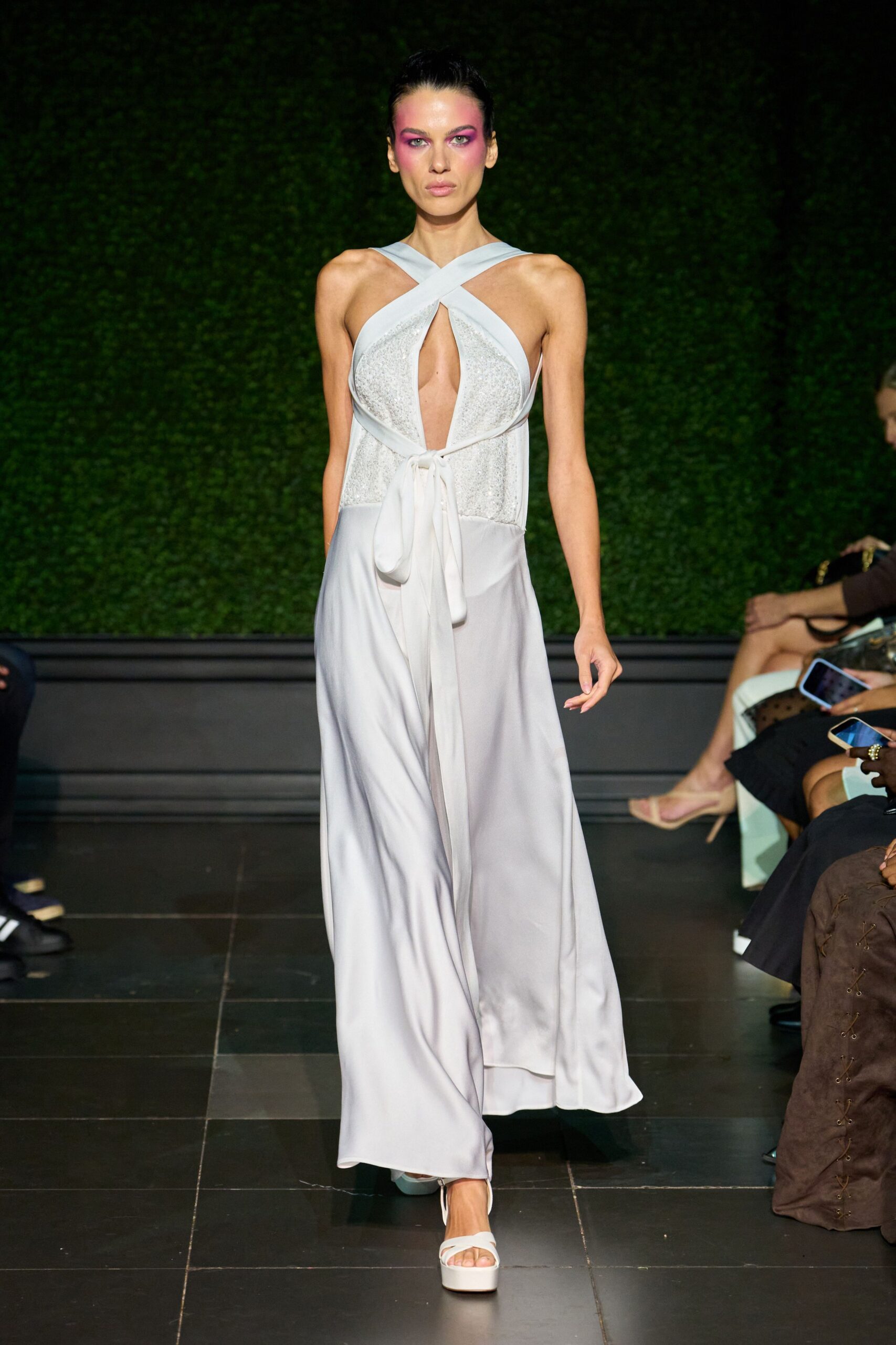white cross-front sequined halter gown