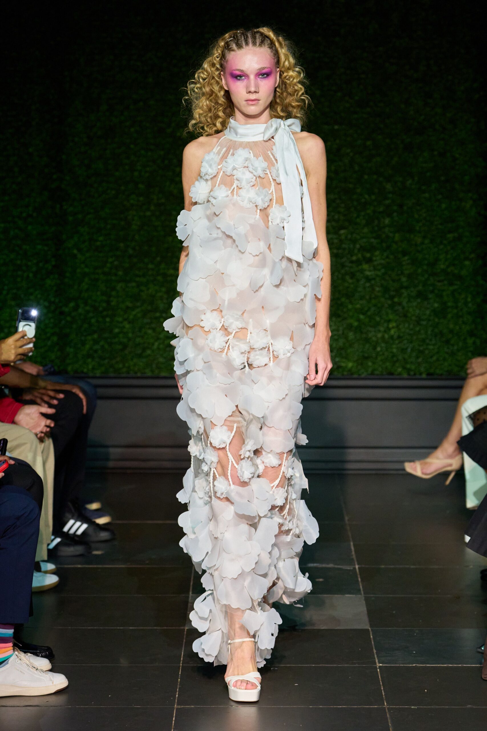 sheer floral appliqué halter gown