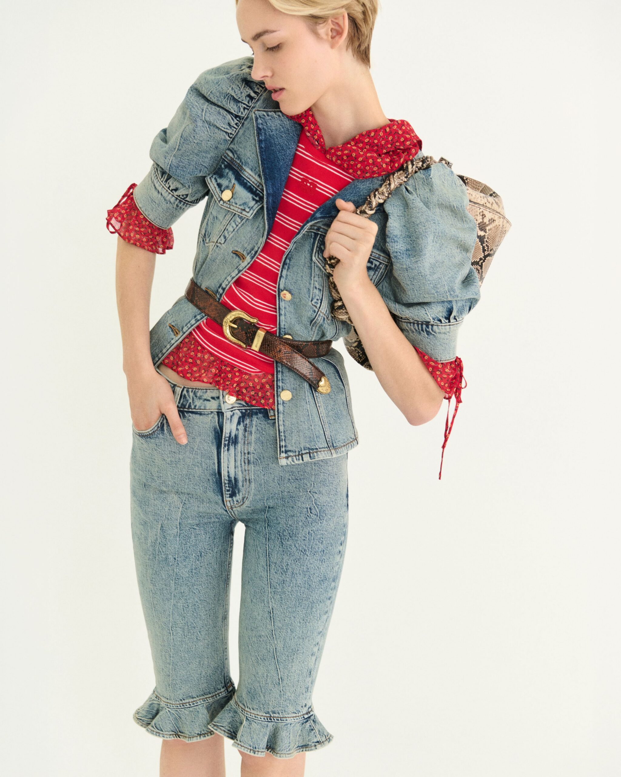 blue denim long-sleeve collared ruffled buttoned textured jacket