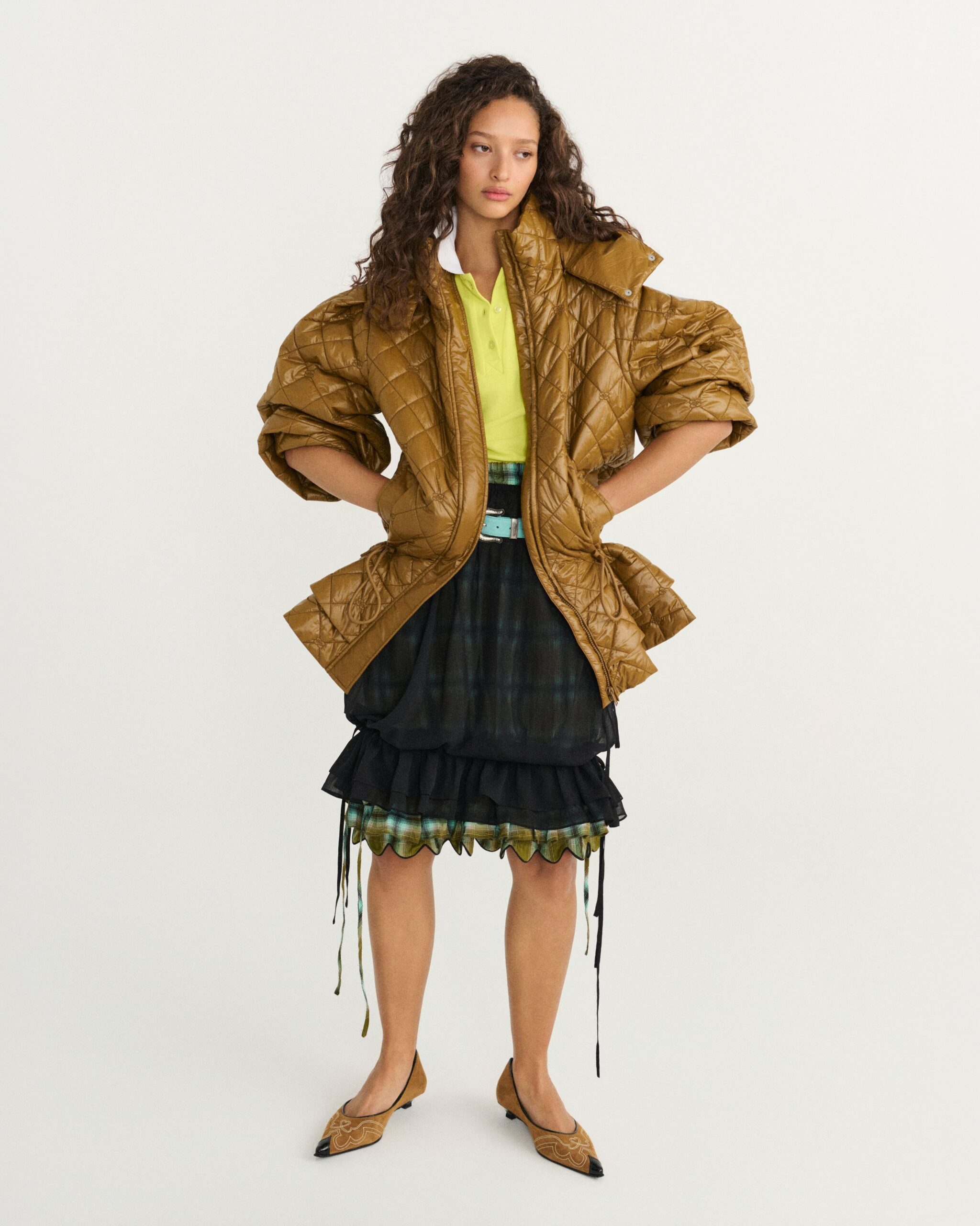 brown nylon long-sleeve collared oversized quilted padded jacket