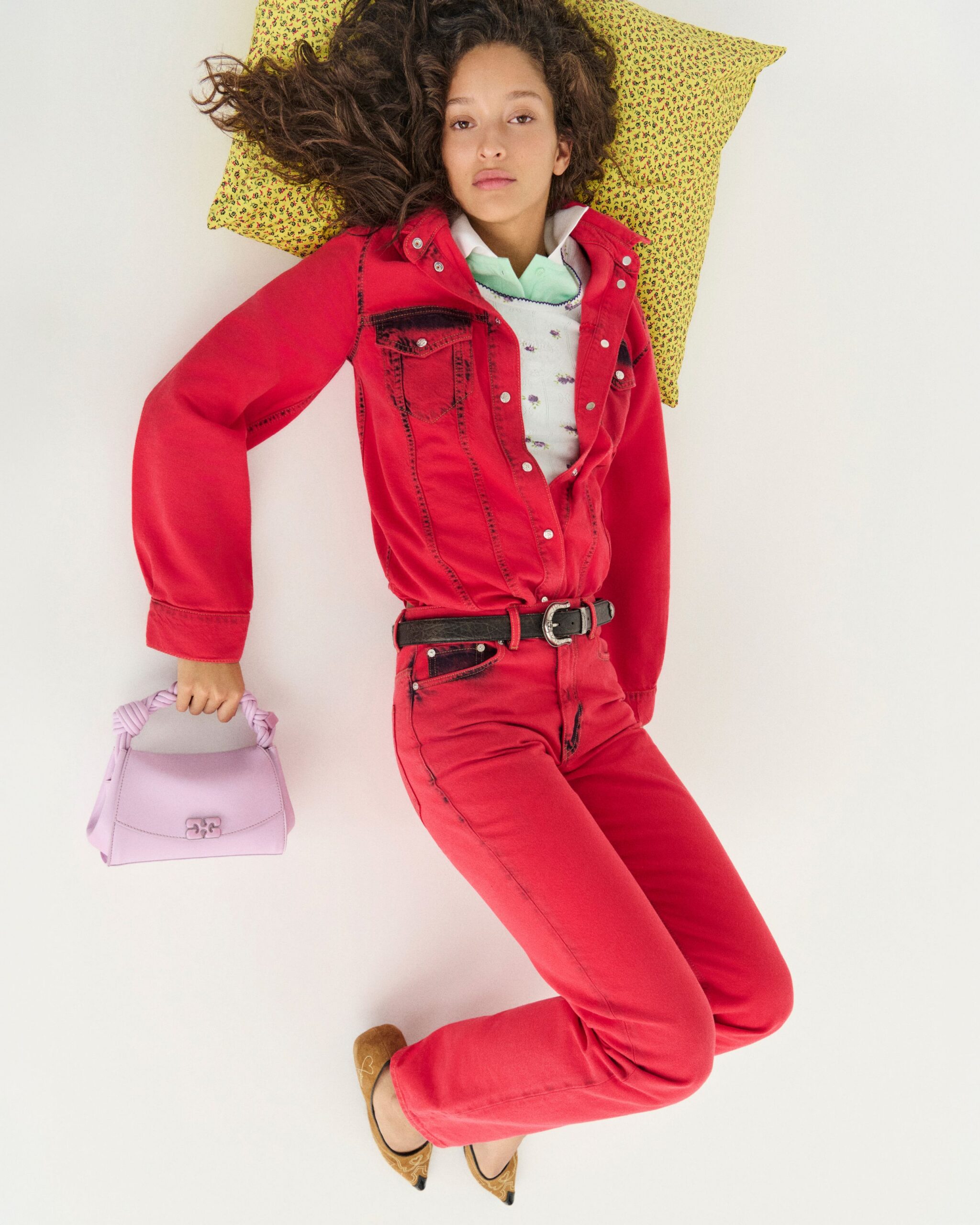 red denim collared long-sleeve buttoned pockets jacket