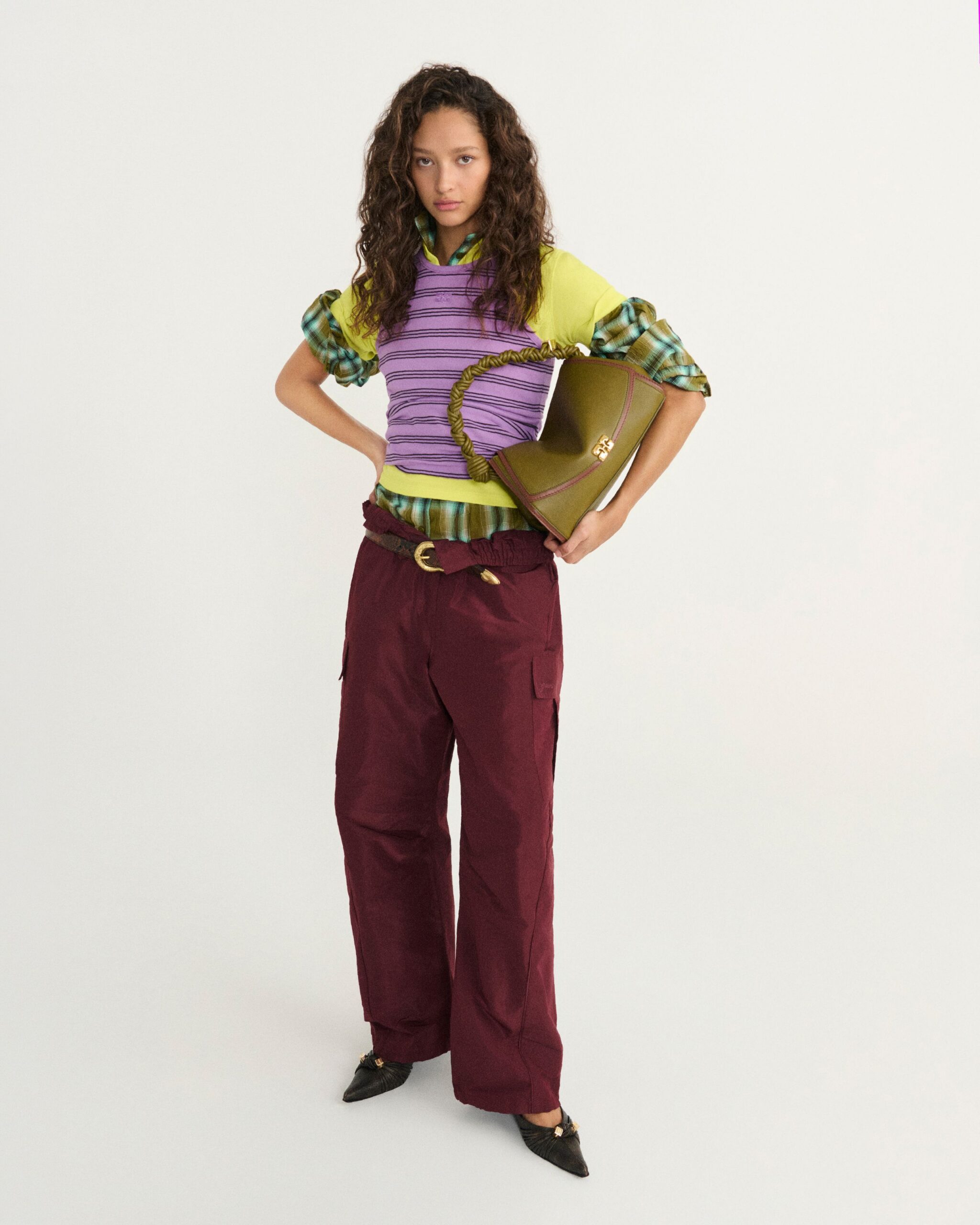 green unknown collared short-sleeve checked shirt