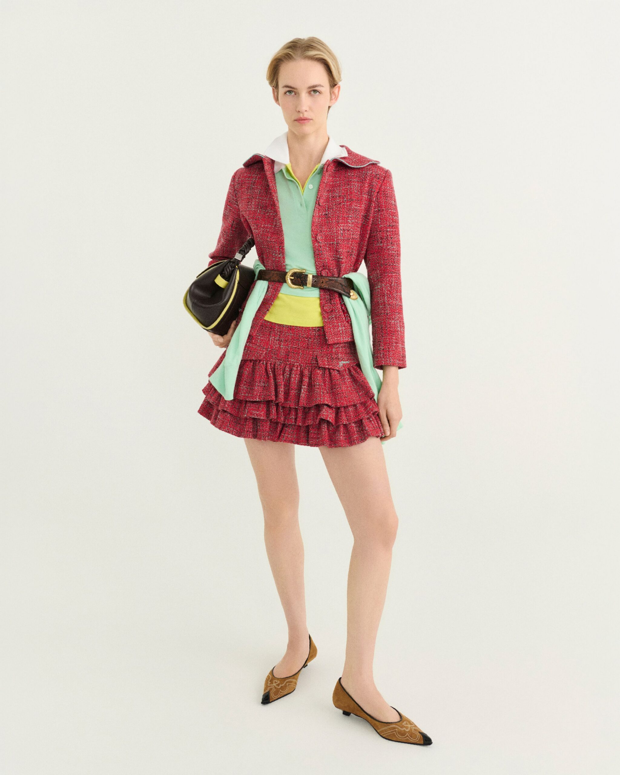 red tweed collared long-sleeve tailored belted buttoned jacket