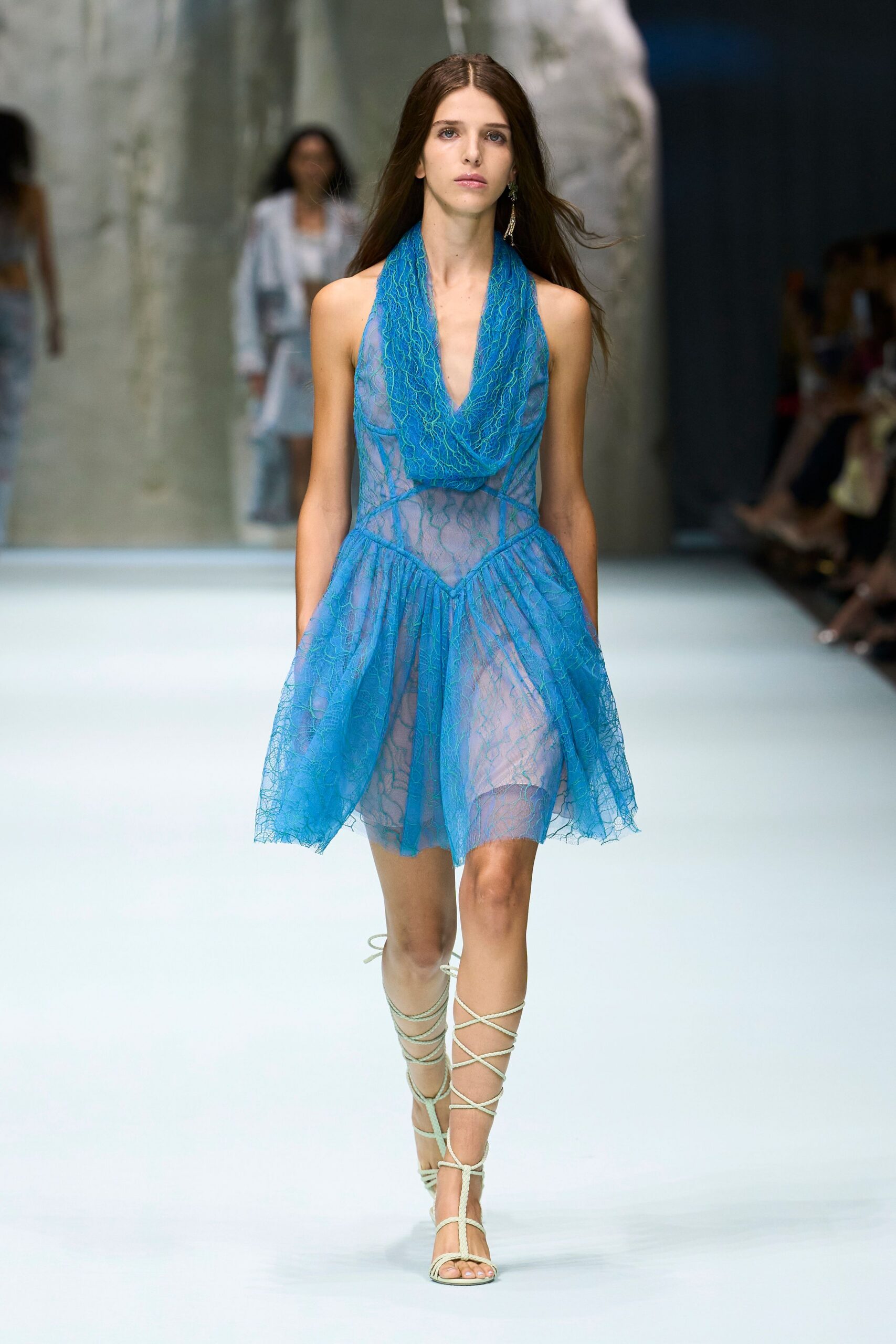 sheer blue halter mini dress