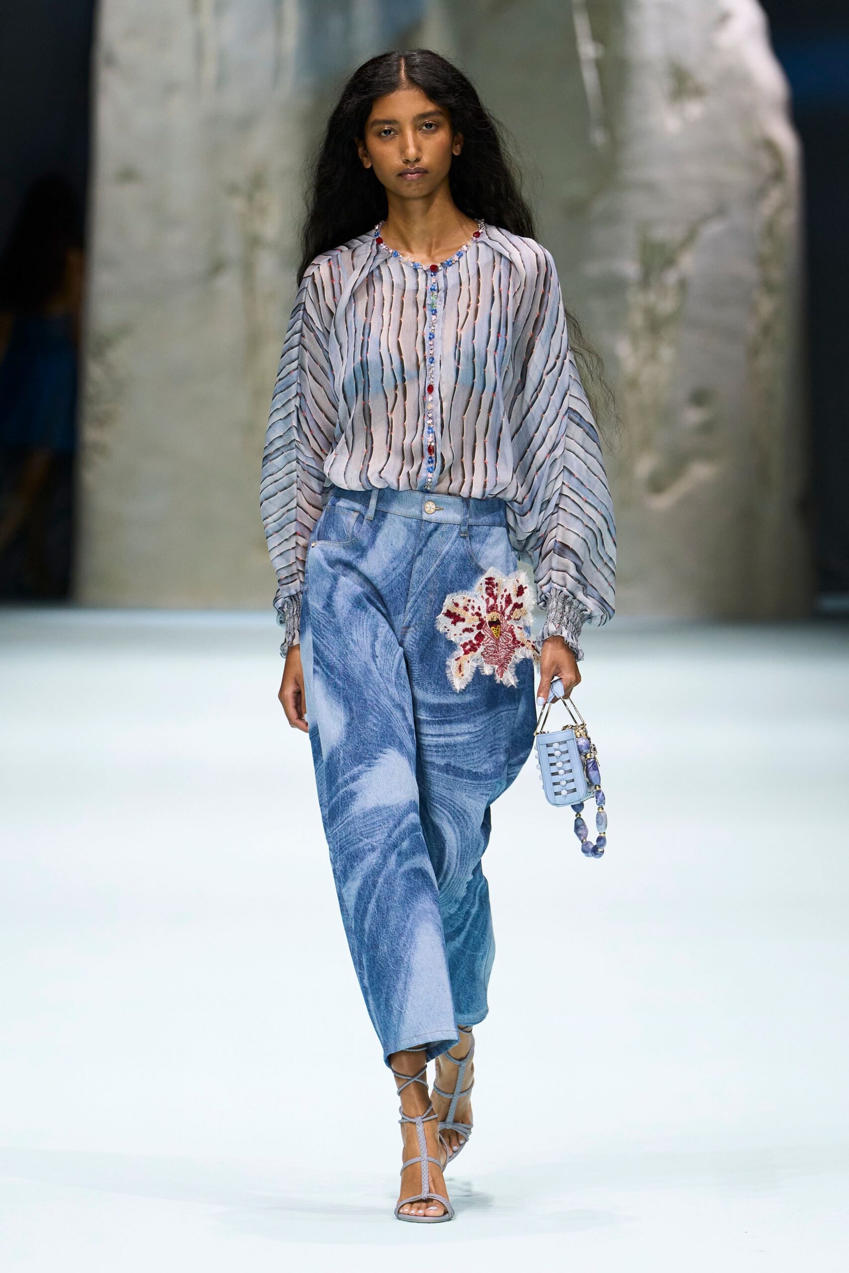 blue unknown high-waisted wide-leg printed pants