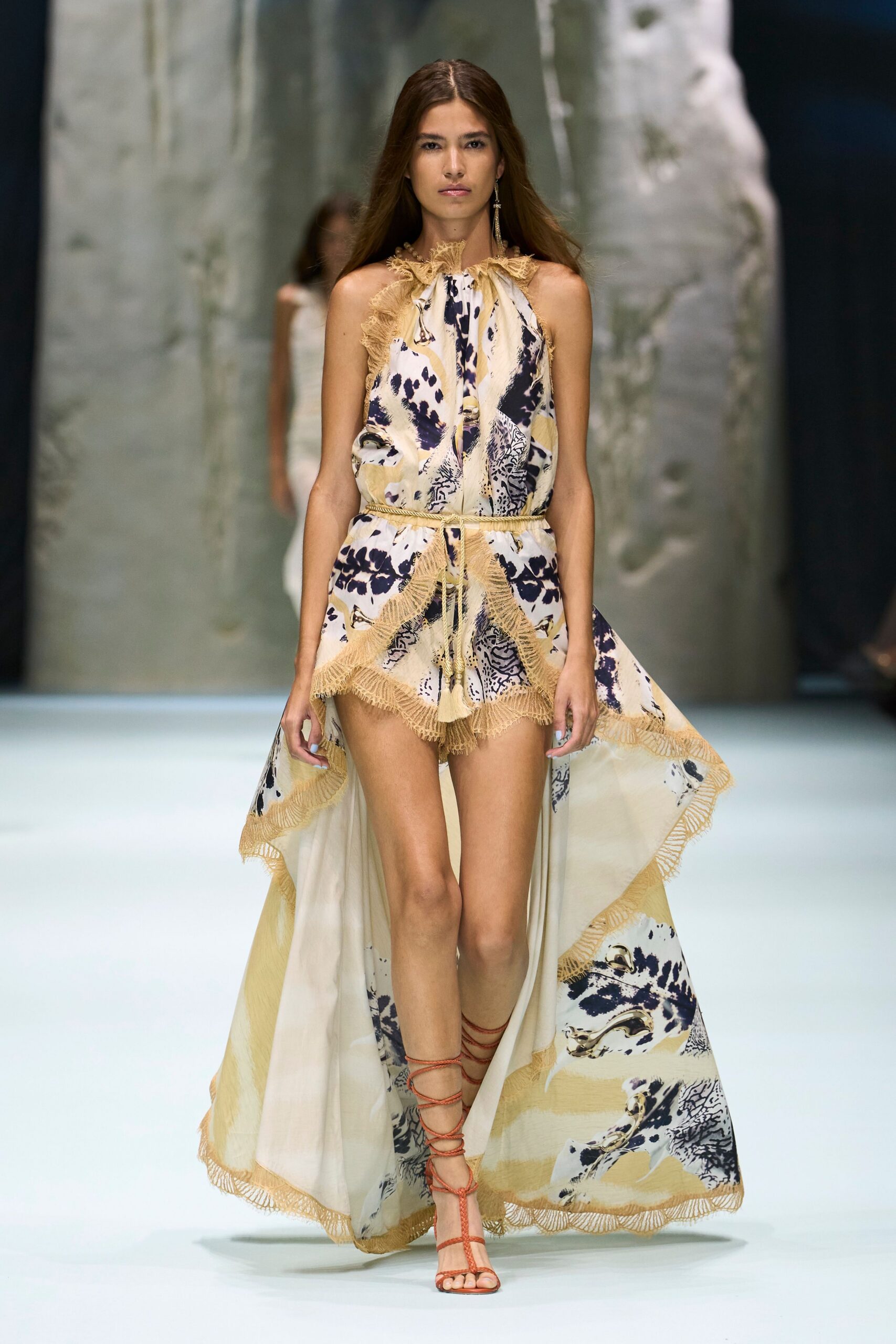 printed halter high-low chiffon dress