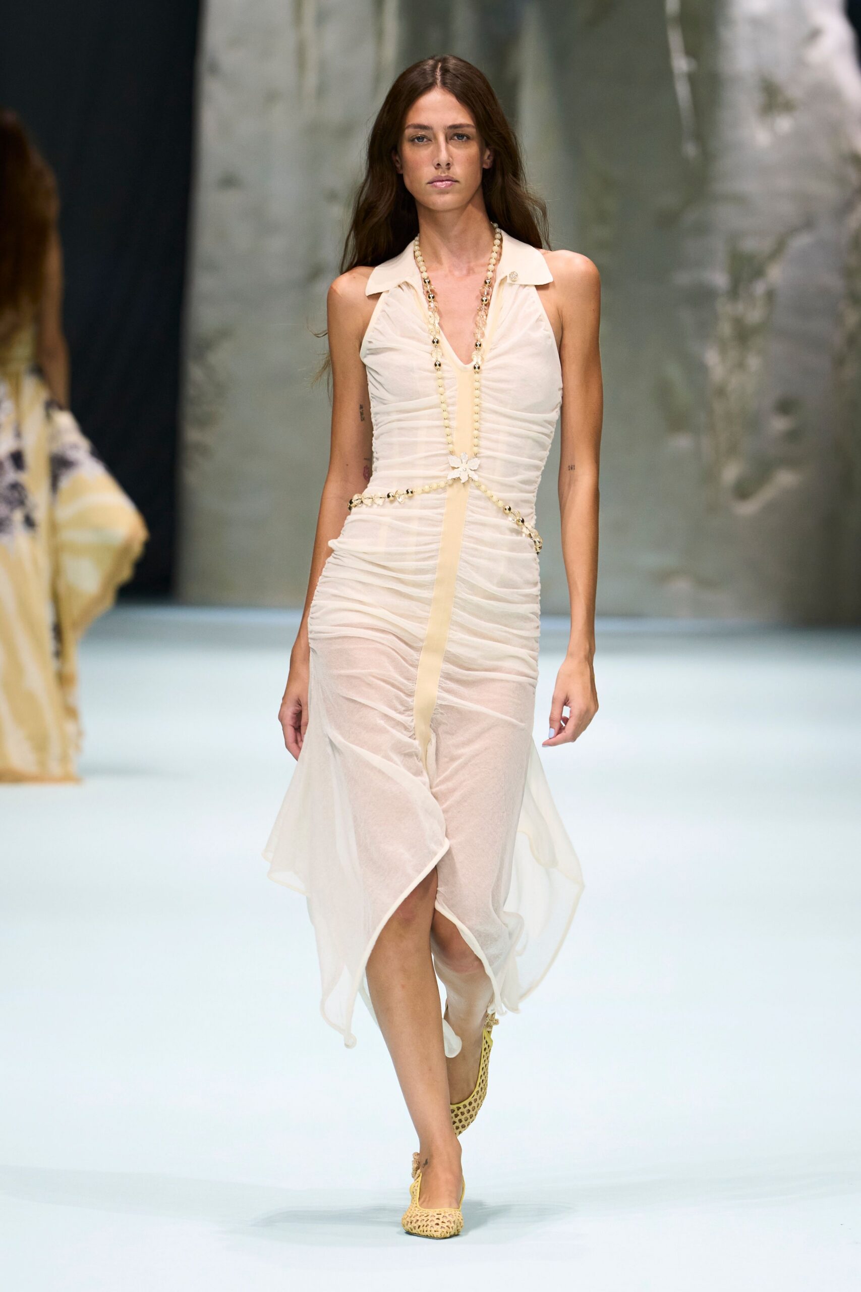 ruched sheer collared chiffon dress