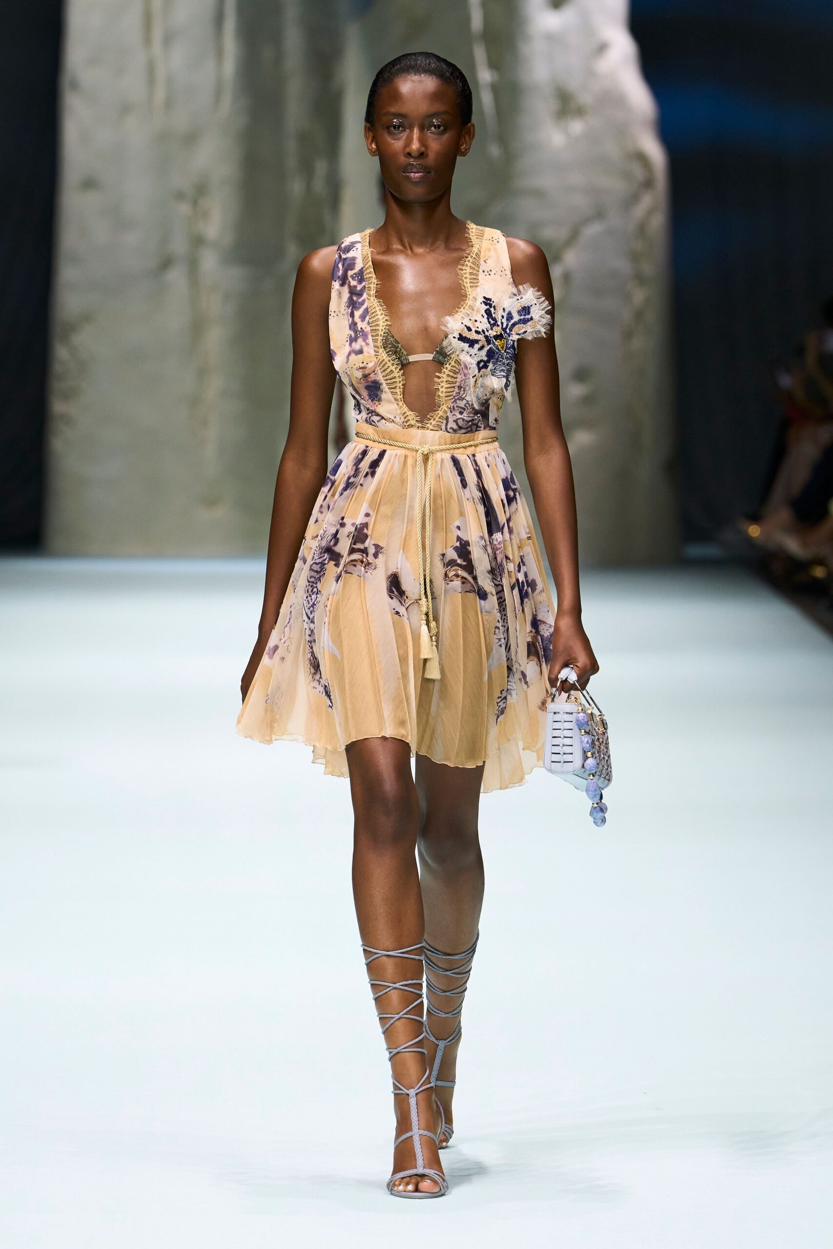printed lace-trim plunge mini dress