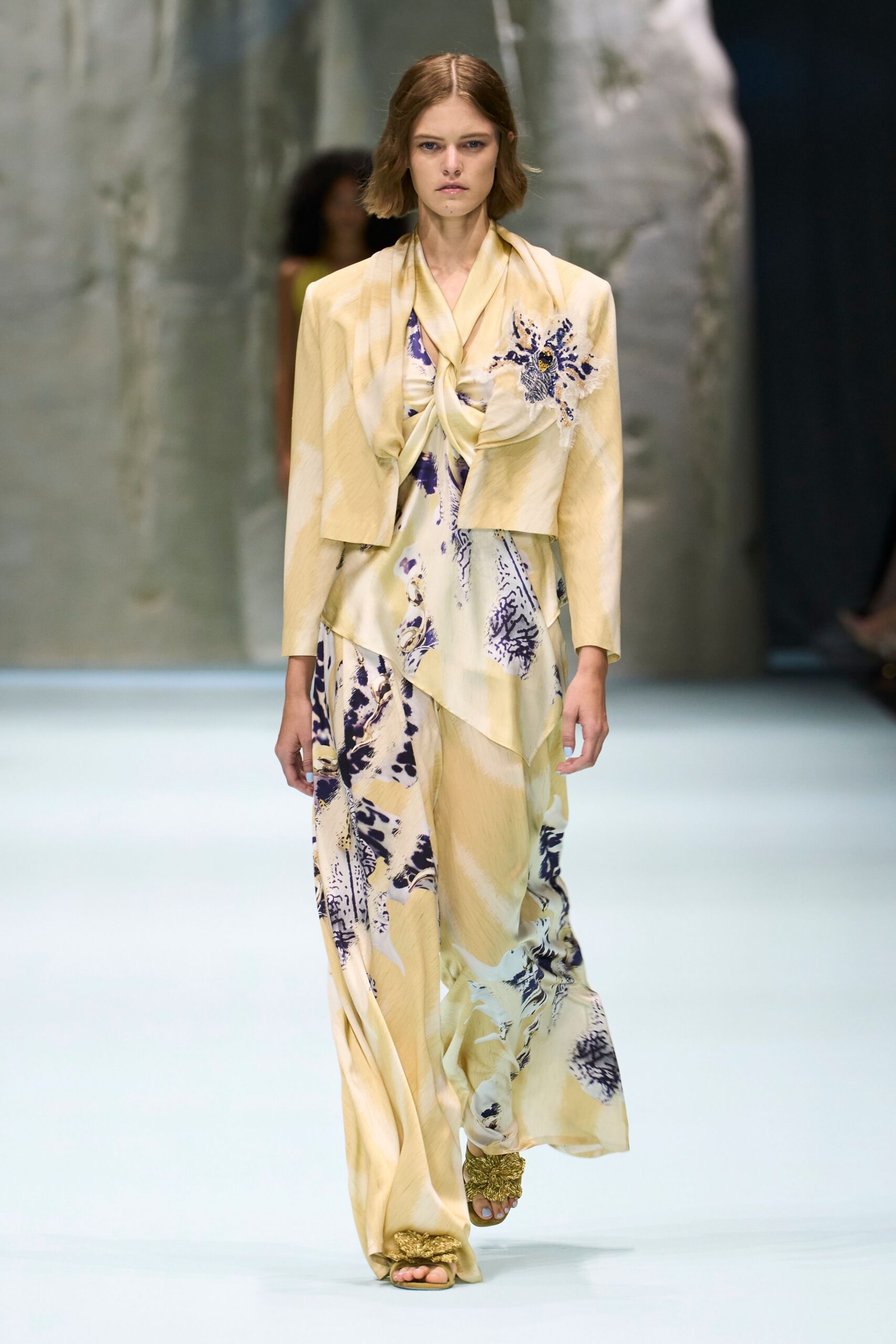printed satin slip gown with cropped jacket