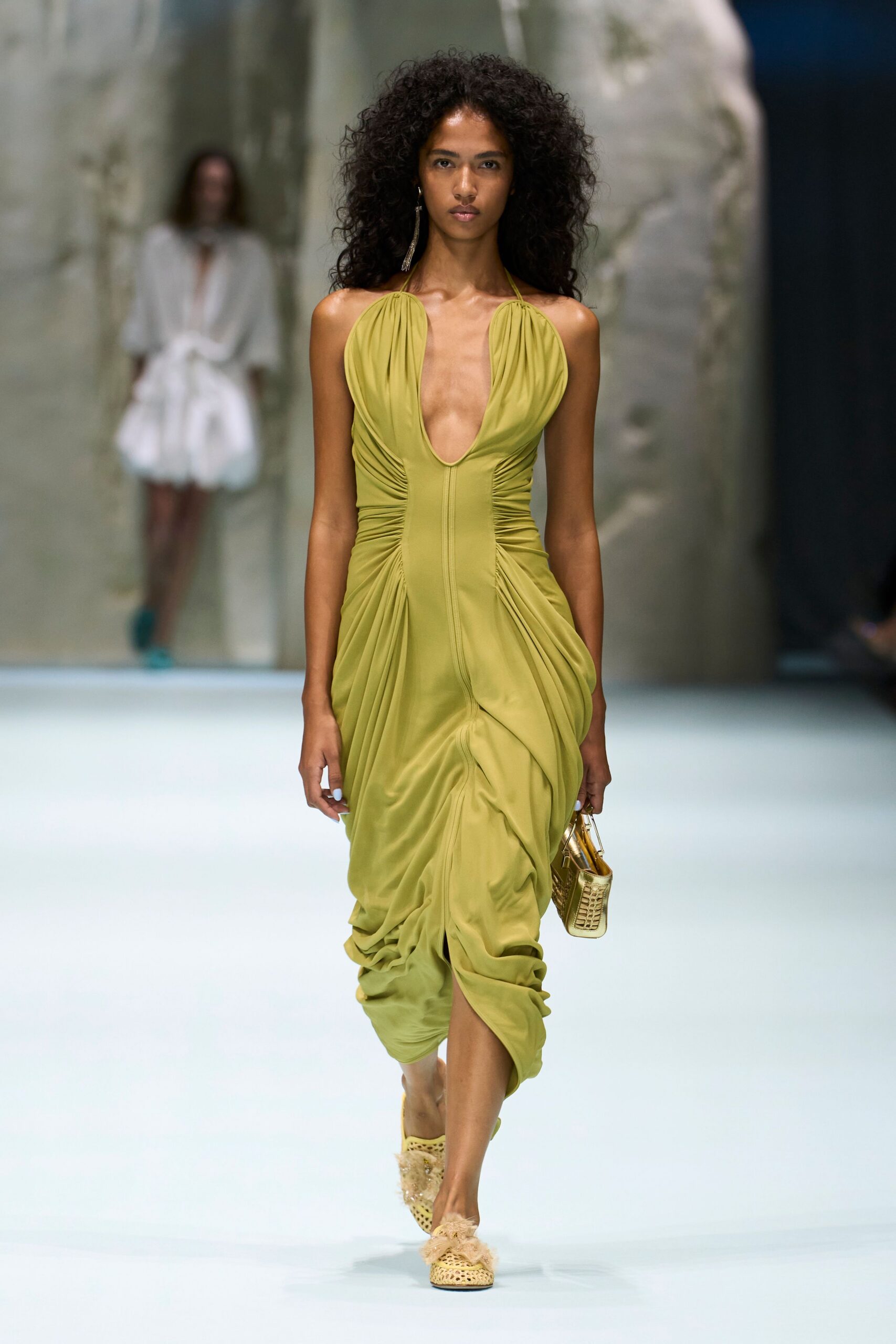 plunging ruched halter midi dress