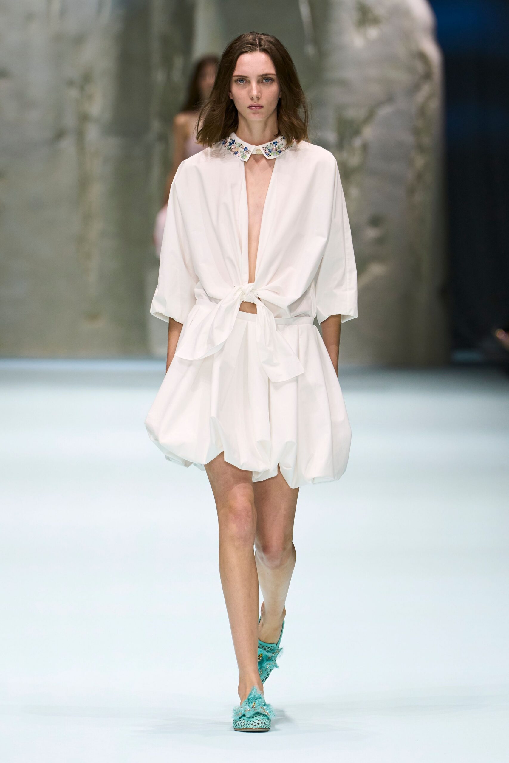 white embellished collar bubble-hem mini dress