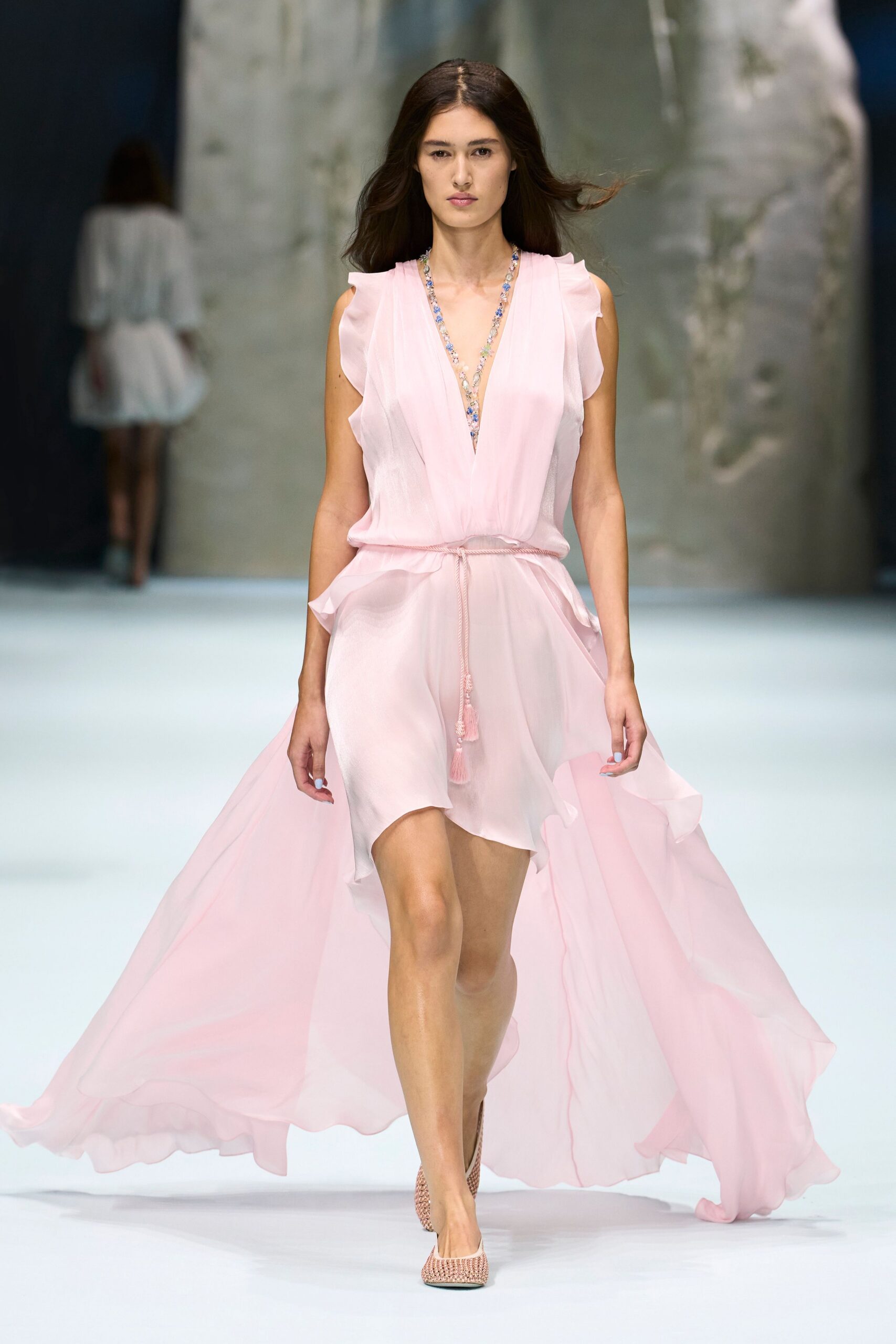 pink chiffon high-low gown