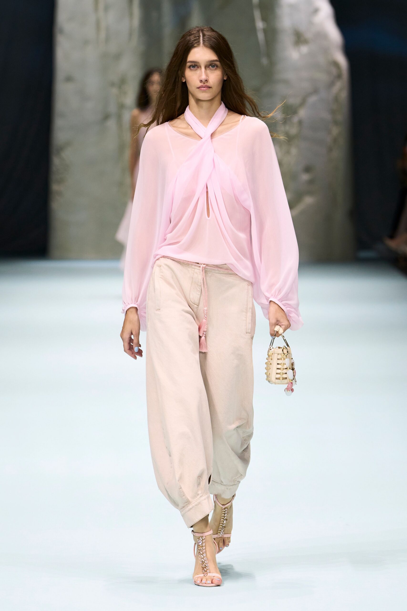 twist-neck sheer pink blouse