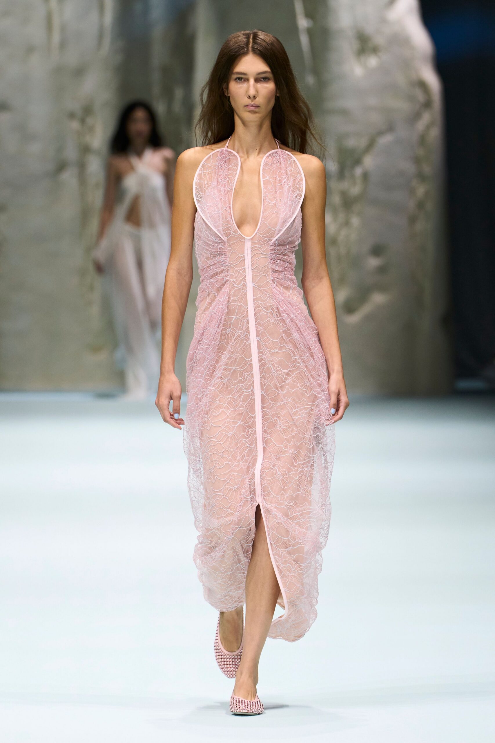 sheer pink lace halter maxi dress