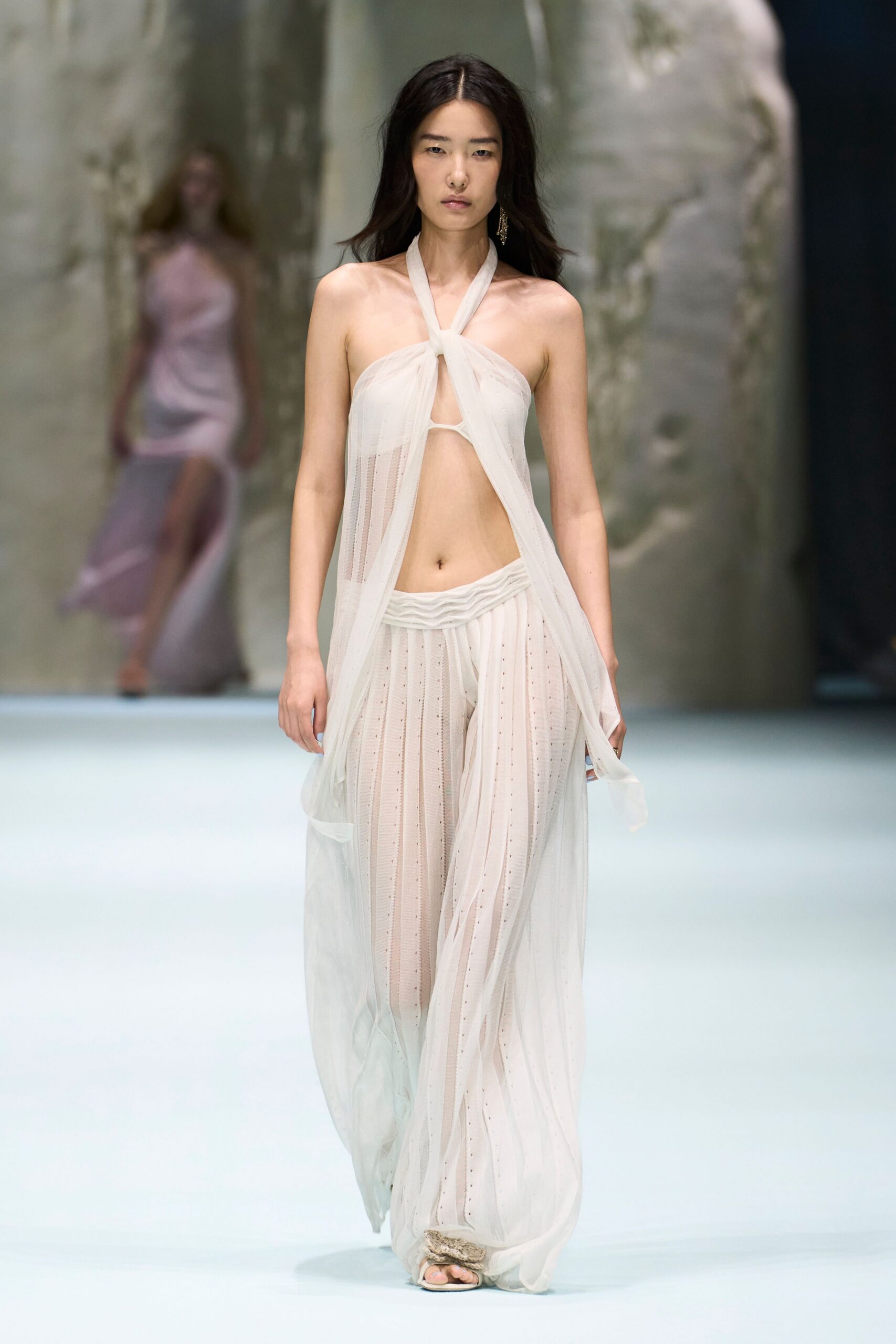 sheer draped halter evening gown