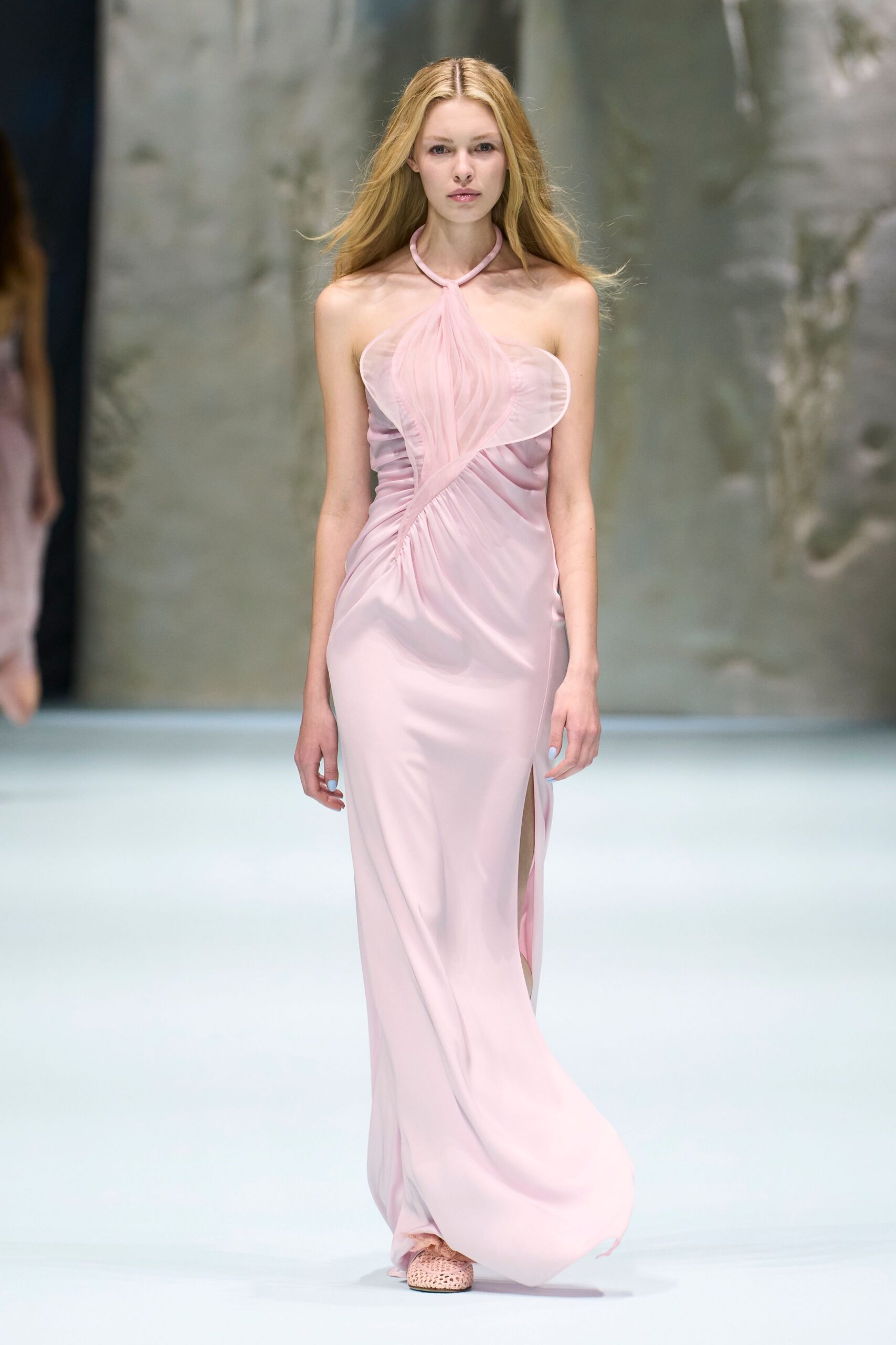 pink draped halter evening gown