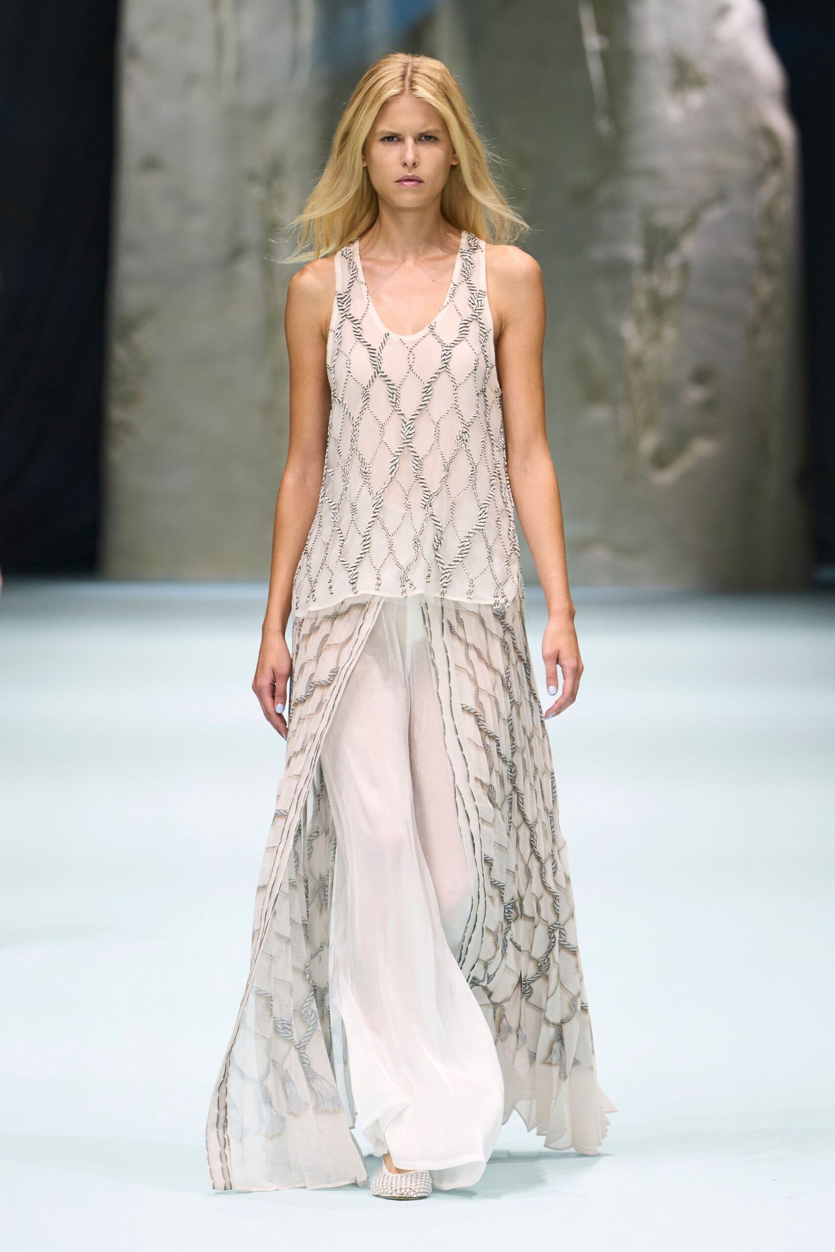 rope-print sheer chiffon gown