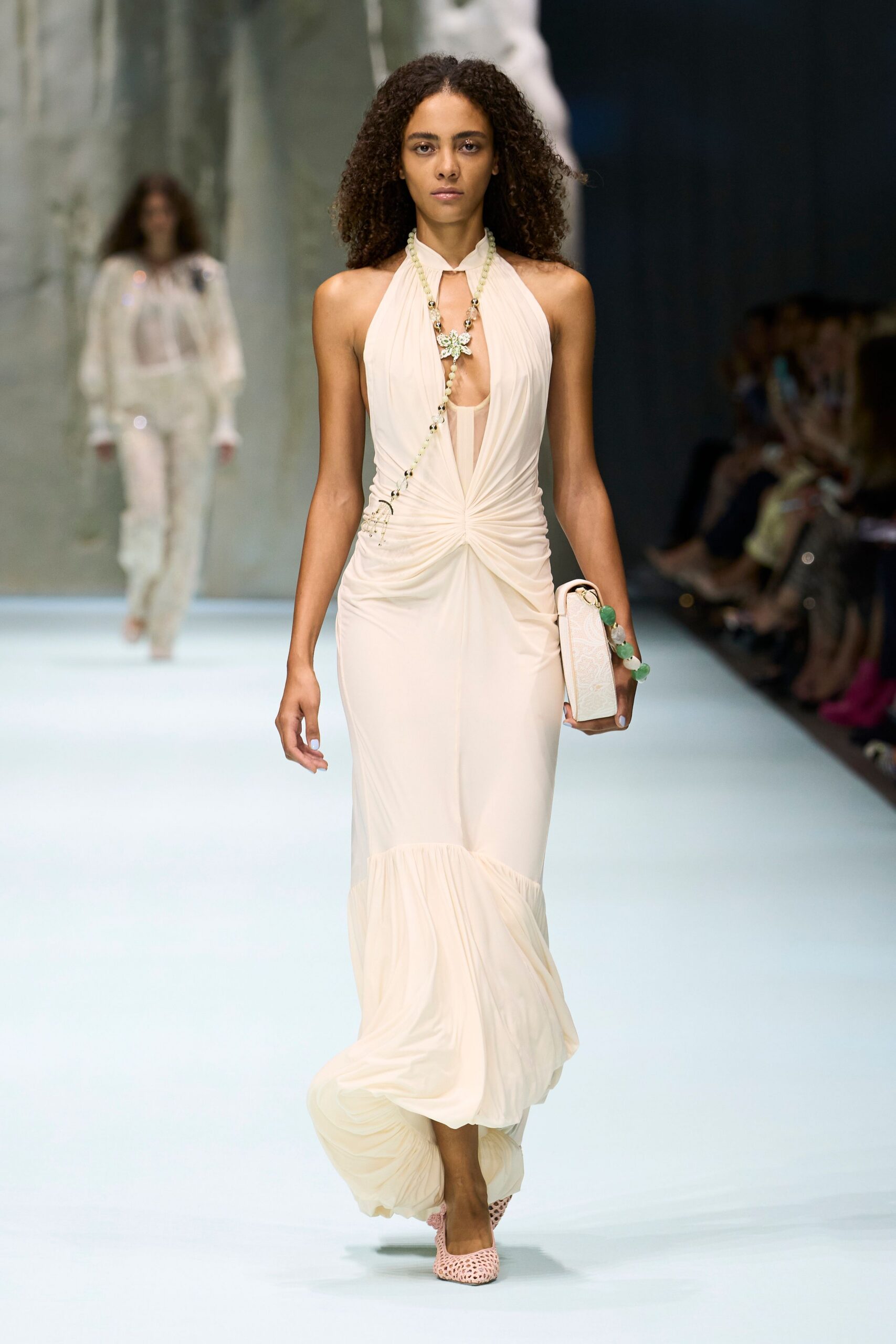 ivory draped halter evening gown