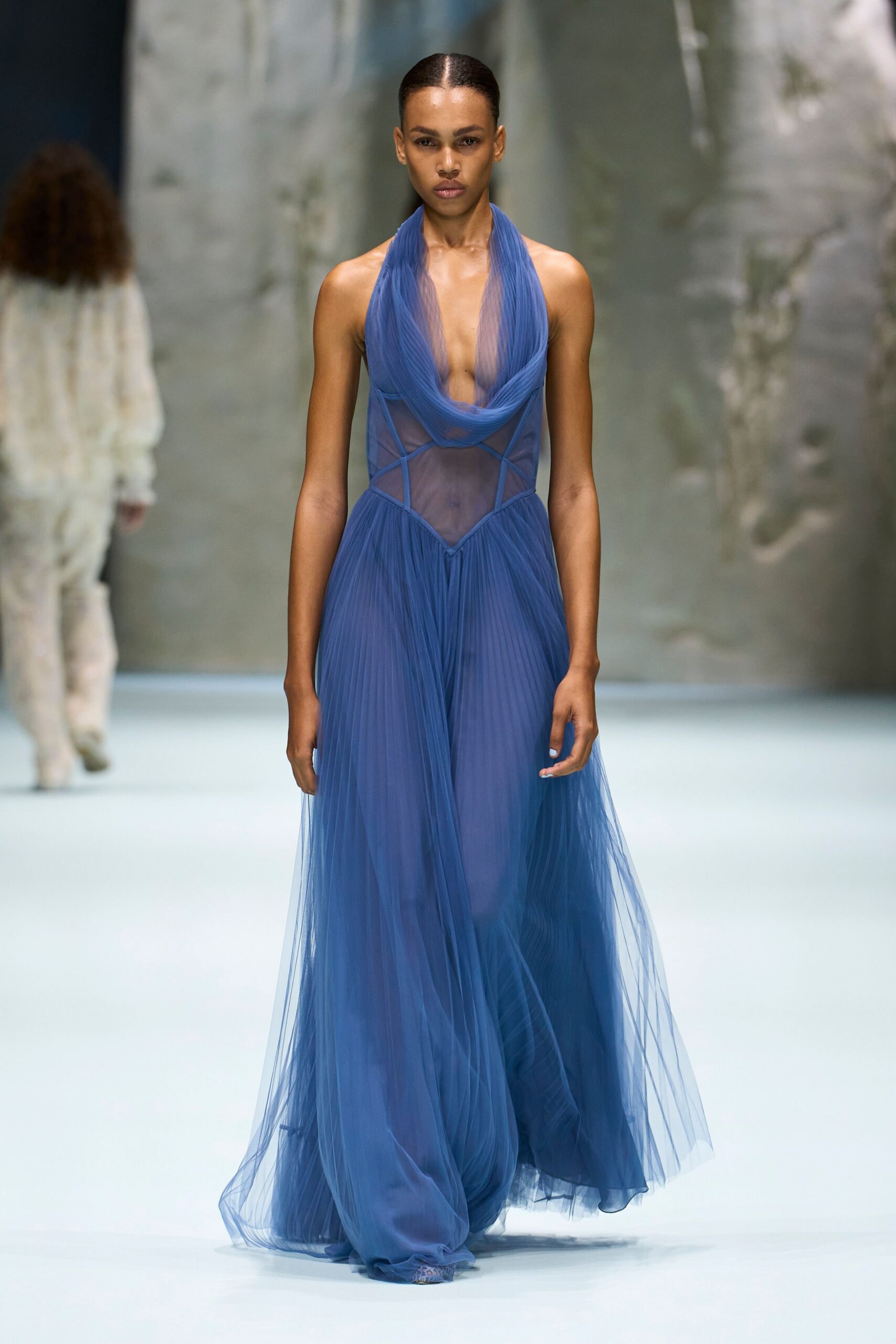 blue sheer halter evening gown