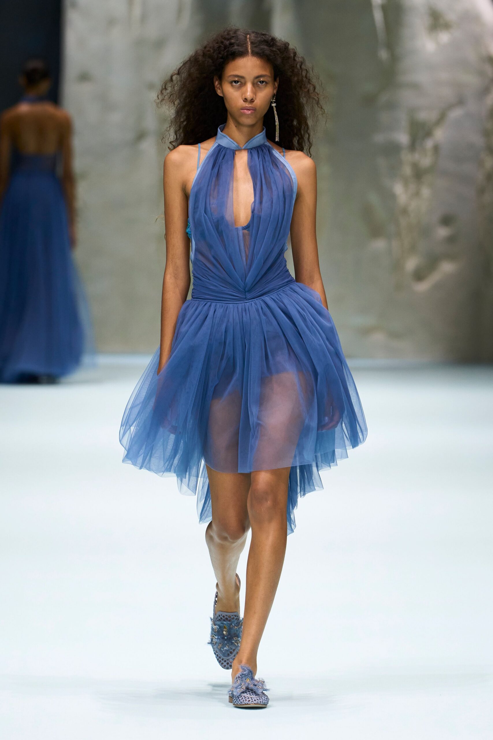 sheer blue halter tulle dress