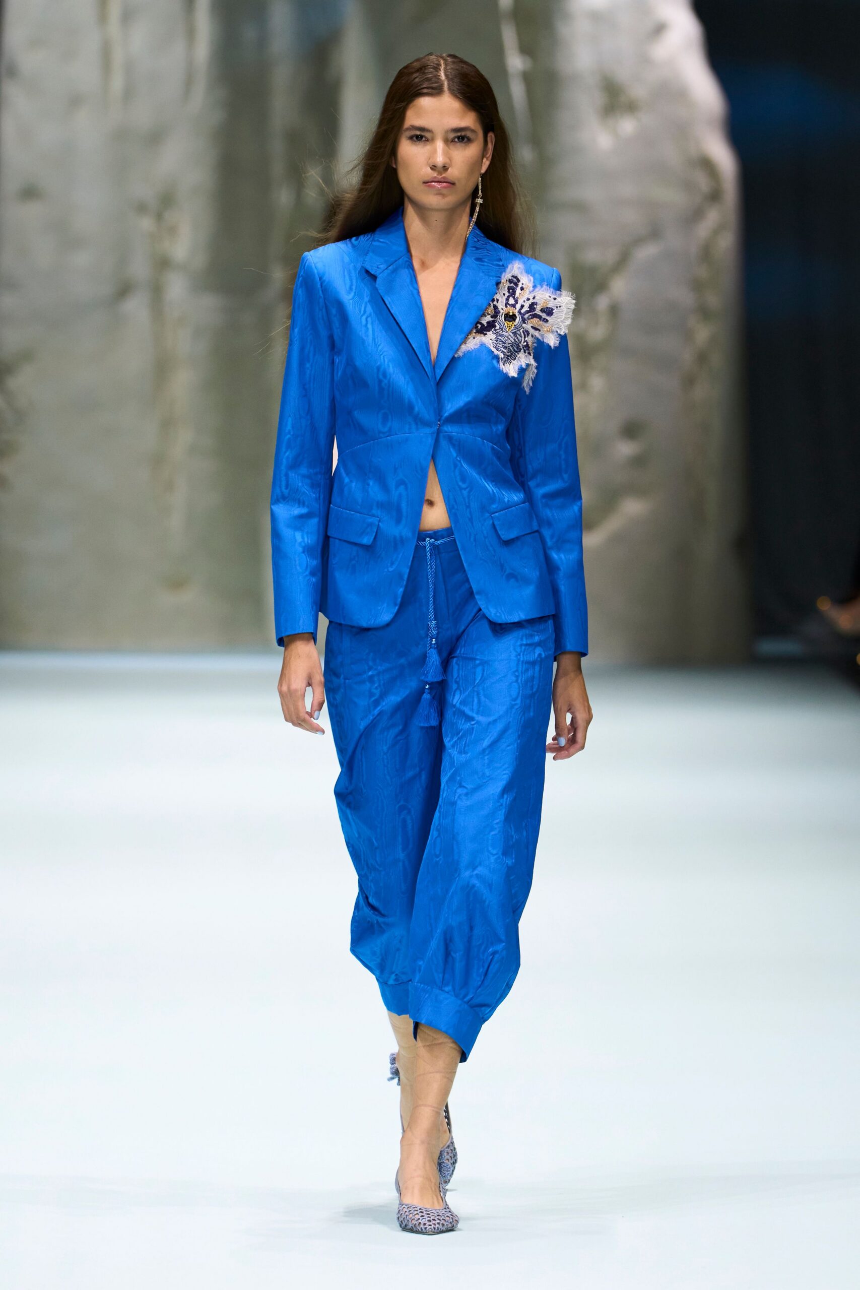 blue jacquard drawstring relaxed wide-leg textured pants