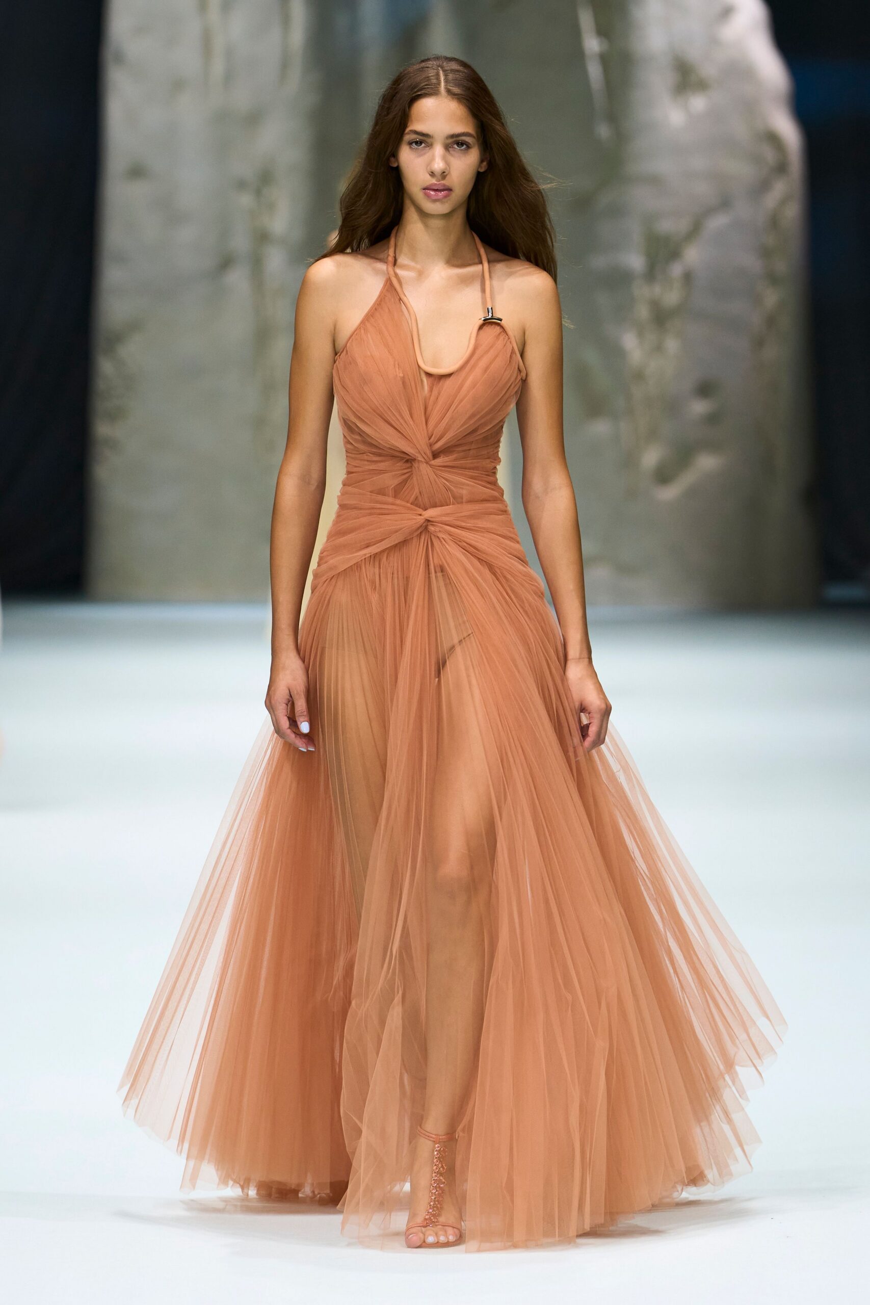 draped halter tulle evening gown