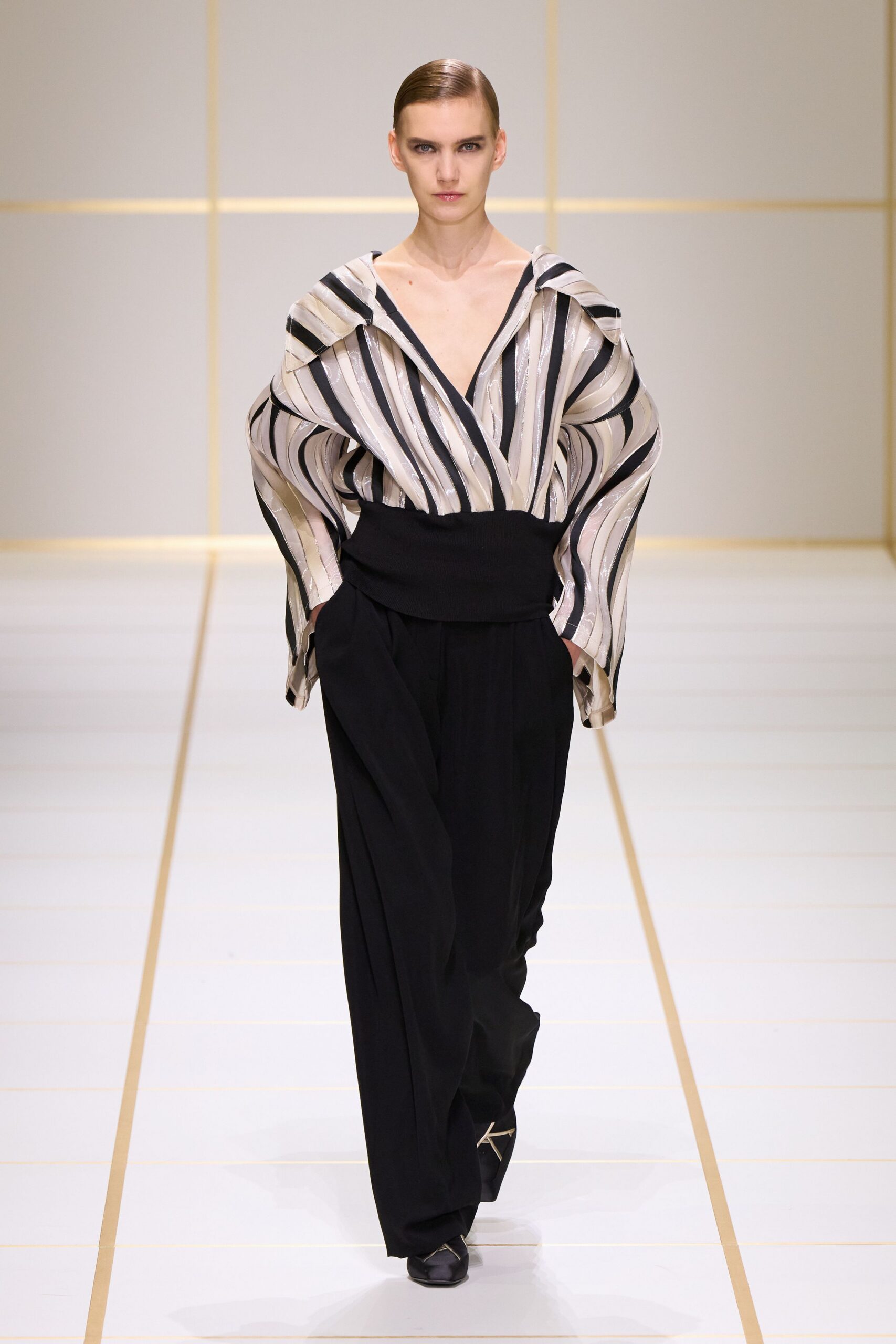 white satin long-sleeve v-neck striped draped blouse
