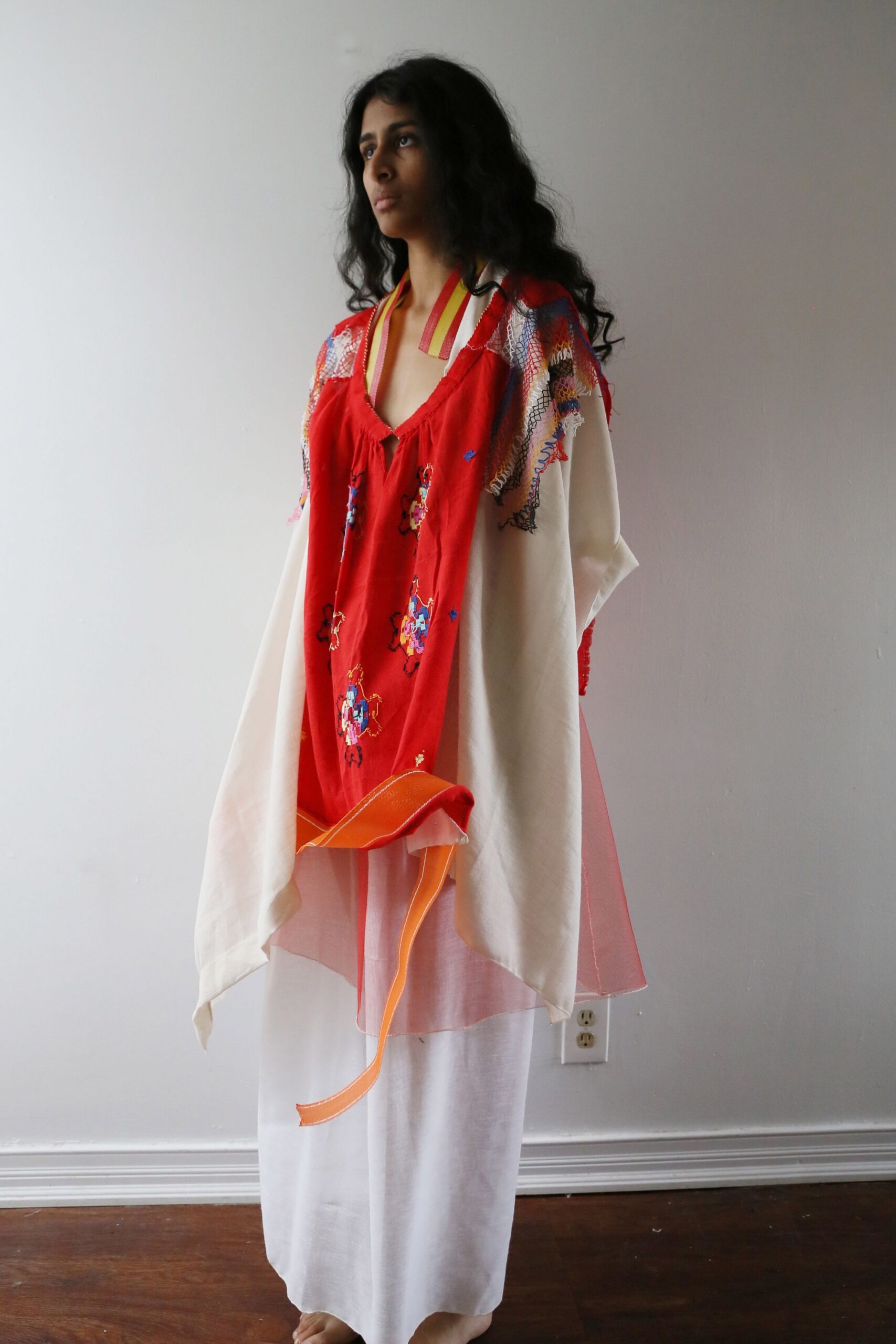 embroidered caftan-style chiffon dress